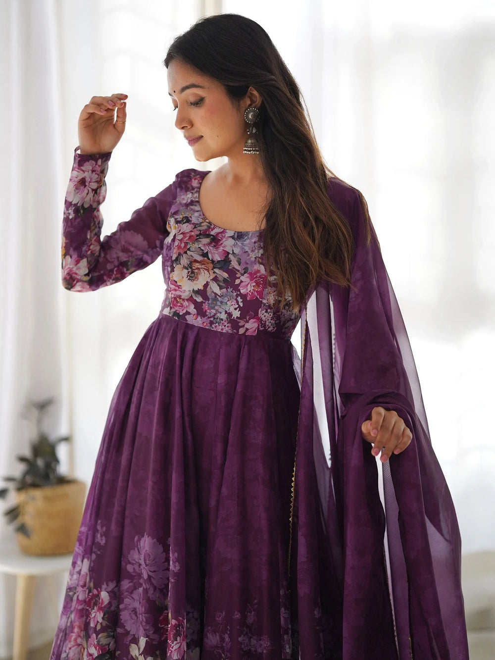 Purple Floral Printed Organza Anarkali Suit Pant With Dupatta for Women