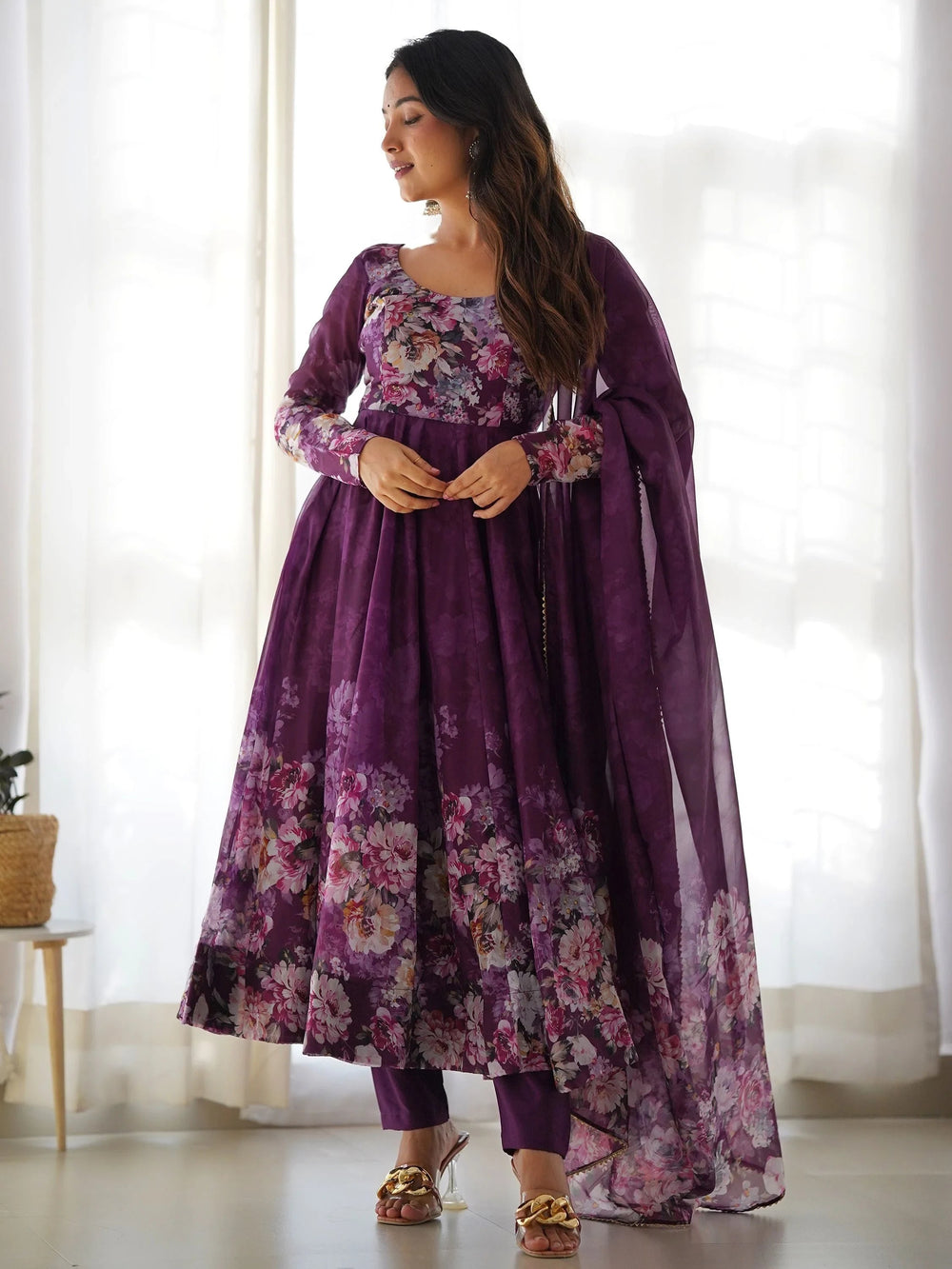 Purple Floral Printed Organza Anarkali Suit Pant With Dupatta for Women