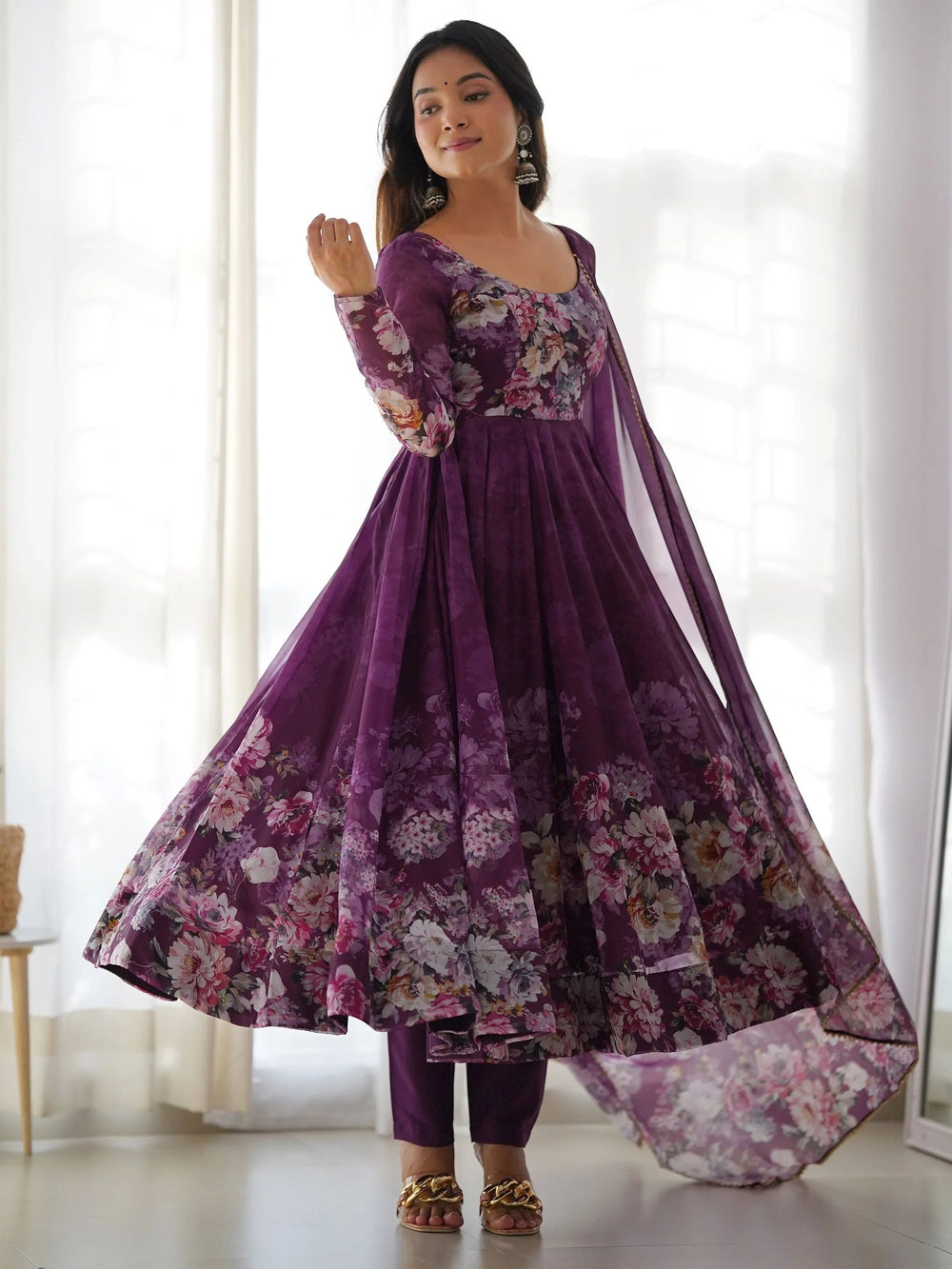 Purple Floral Printed Organza Anarkali Suit Pant With Dupatta for Women