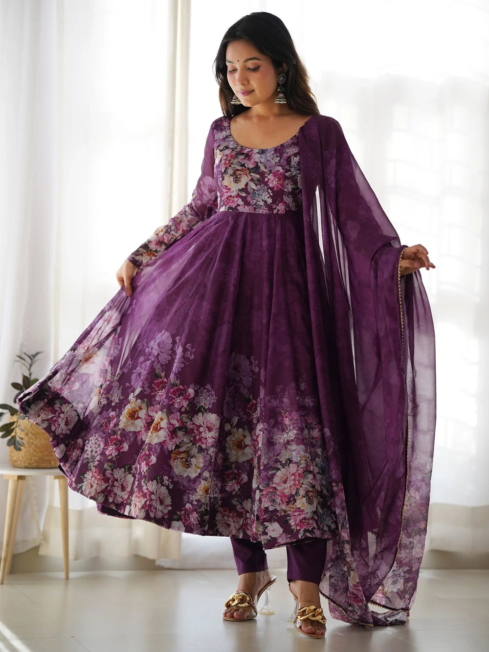 Purple Floral Printed Organza Anarkali Suit Pant With Dupatta for Women