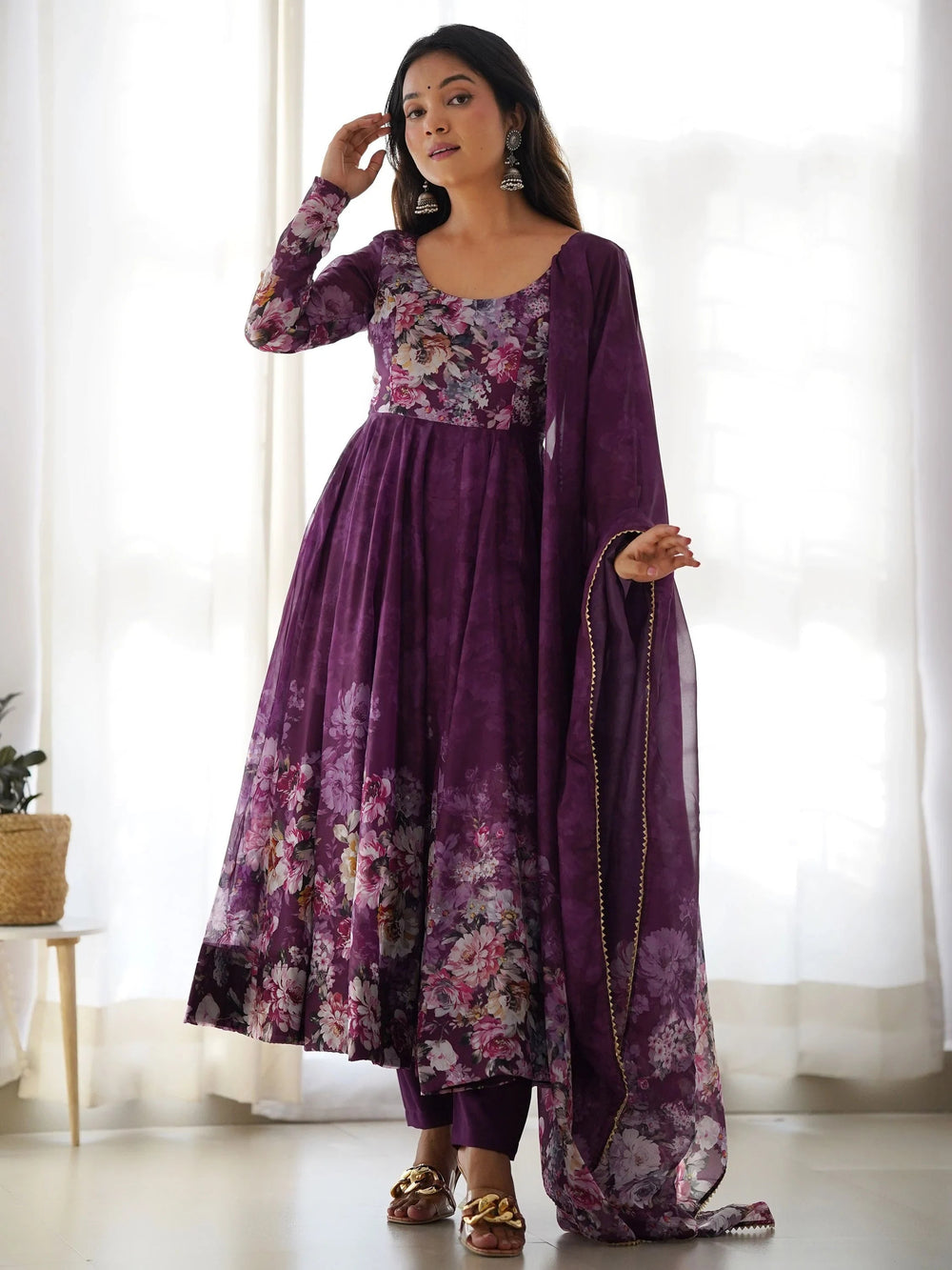 Purple Floral Printed Organza Anarkali Suit Pant With Dupatta for Women