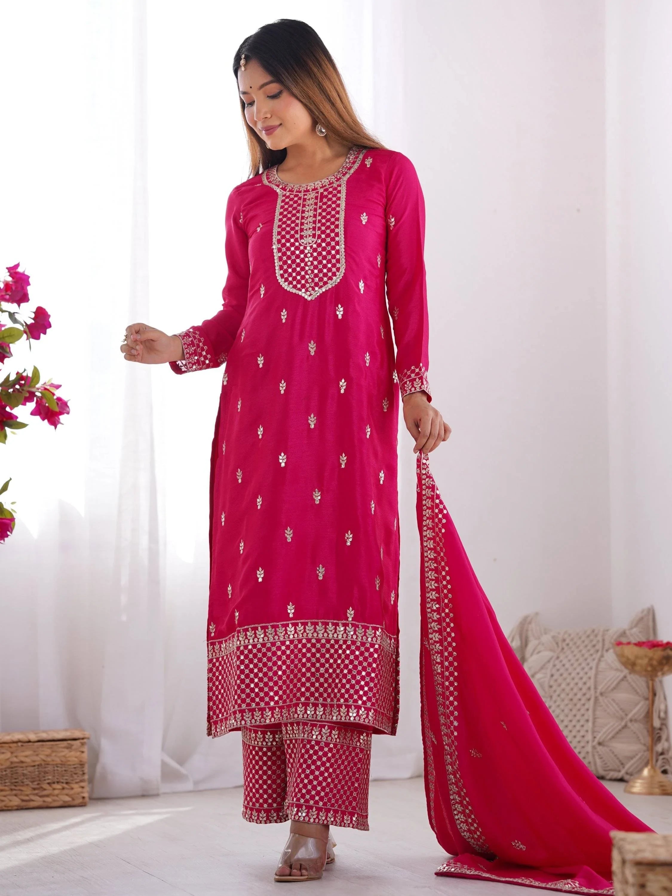 Pink Sequins Chinon Silk Festive Wear Palazzo Suit With Dupatta for Women