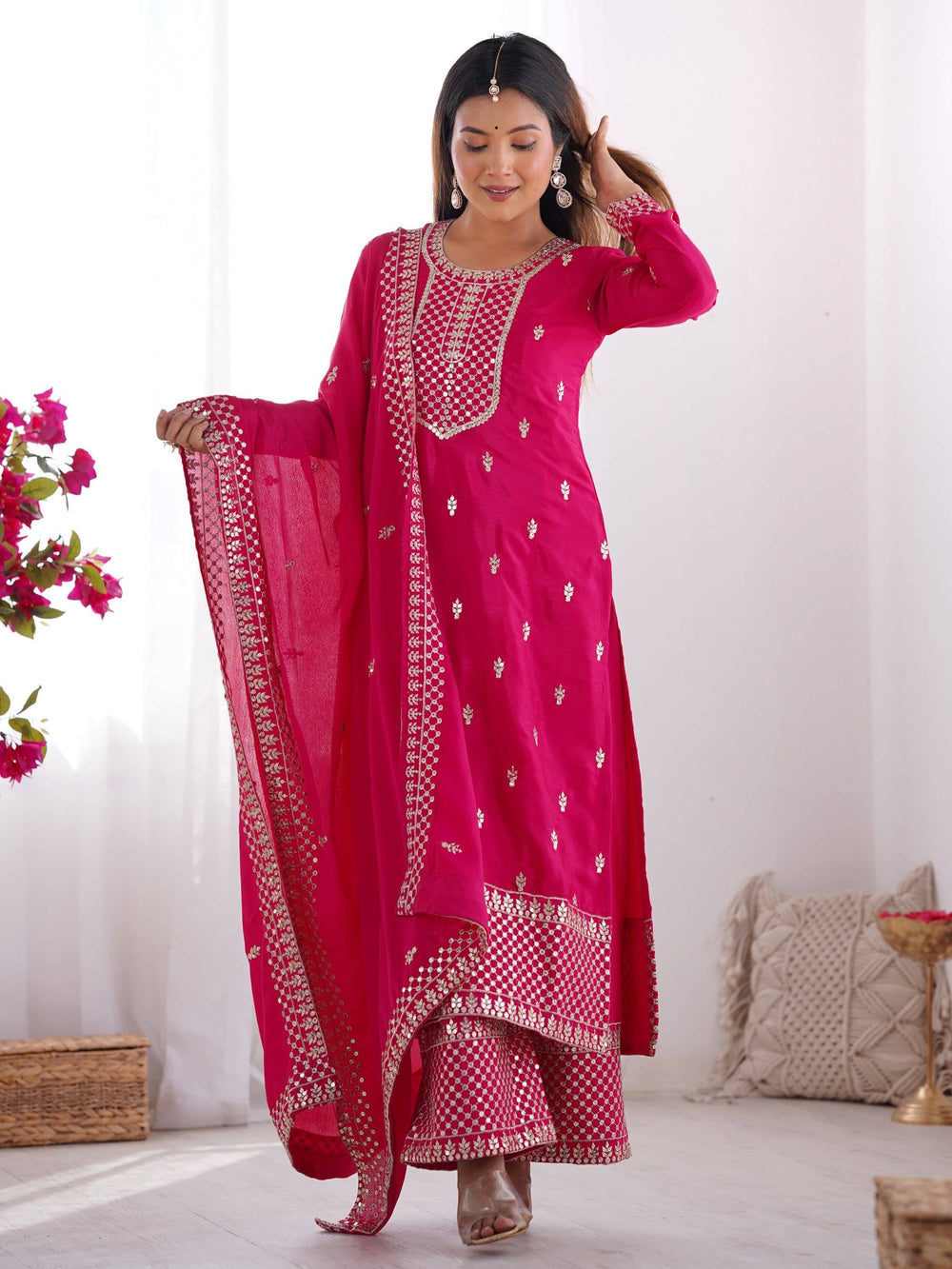 Pink Sequins Chinon Silk Festive Wear Palazzo Suit With Dupatta for Women