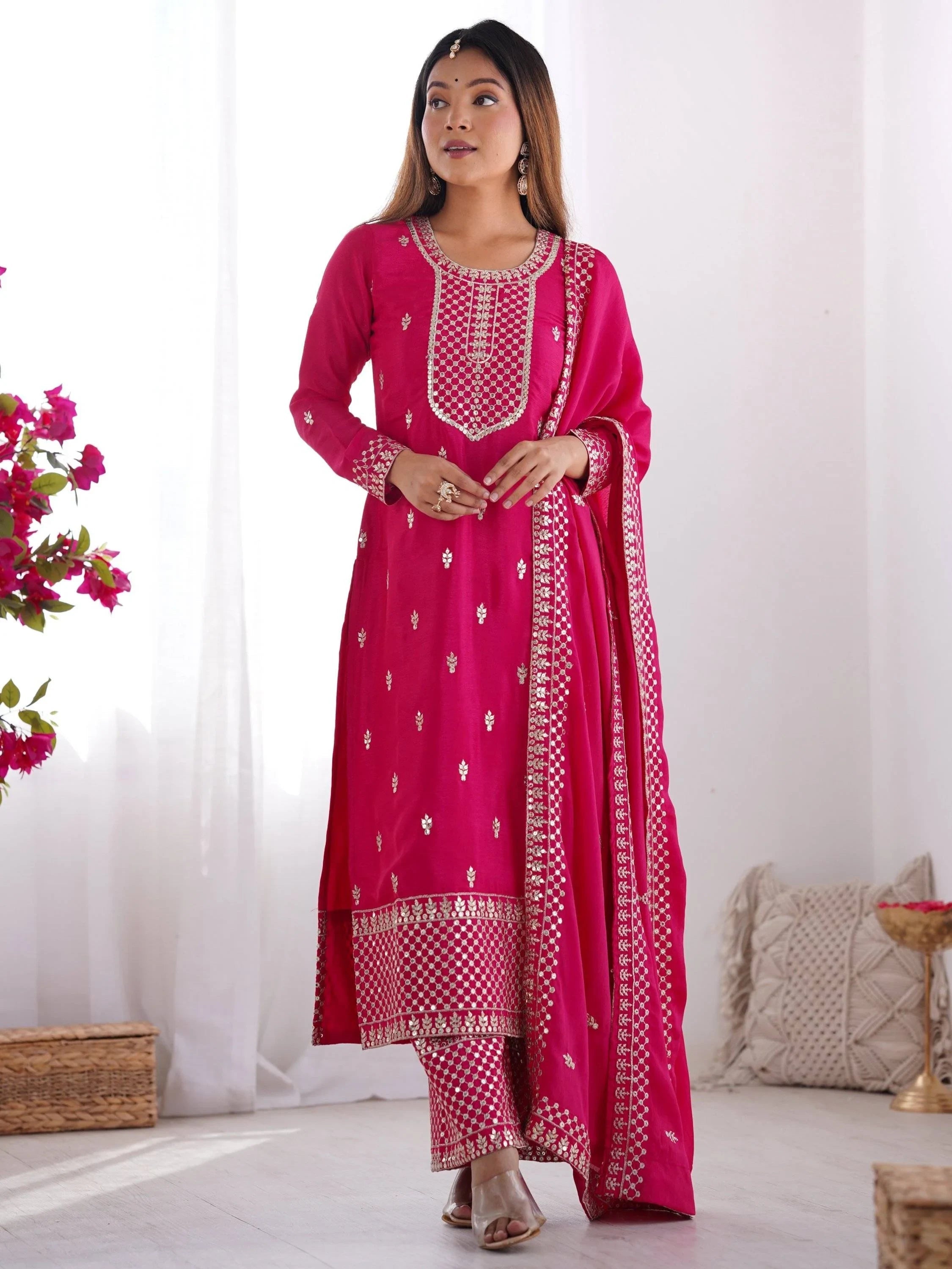 Pink Sequins Chinon Silk Festive Wear Palazzo Suit With Dupatta for Women