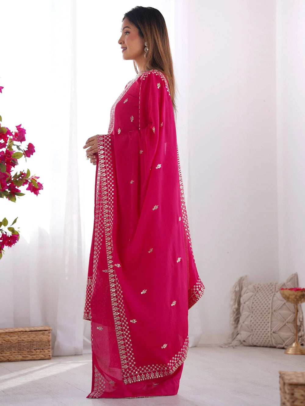 Pink Sequins Chinon Silk Festive Wear Palazzo Suit With Dupatta for Women