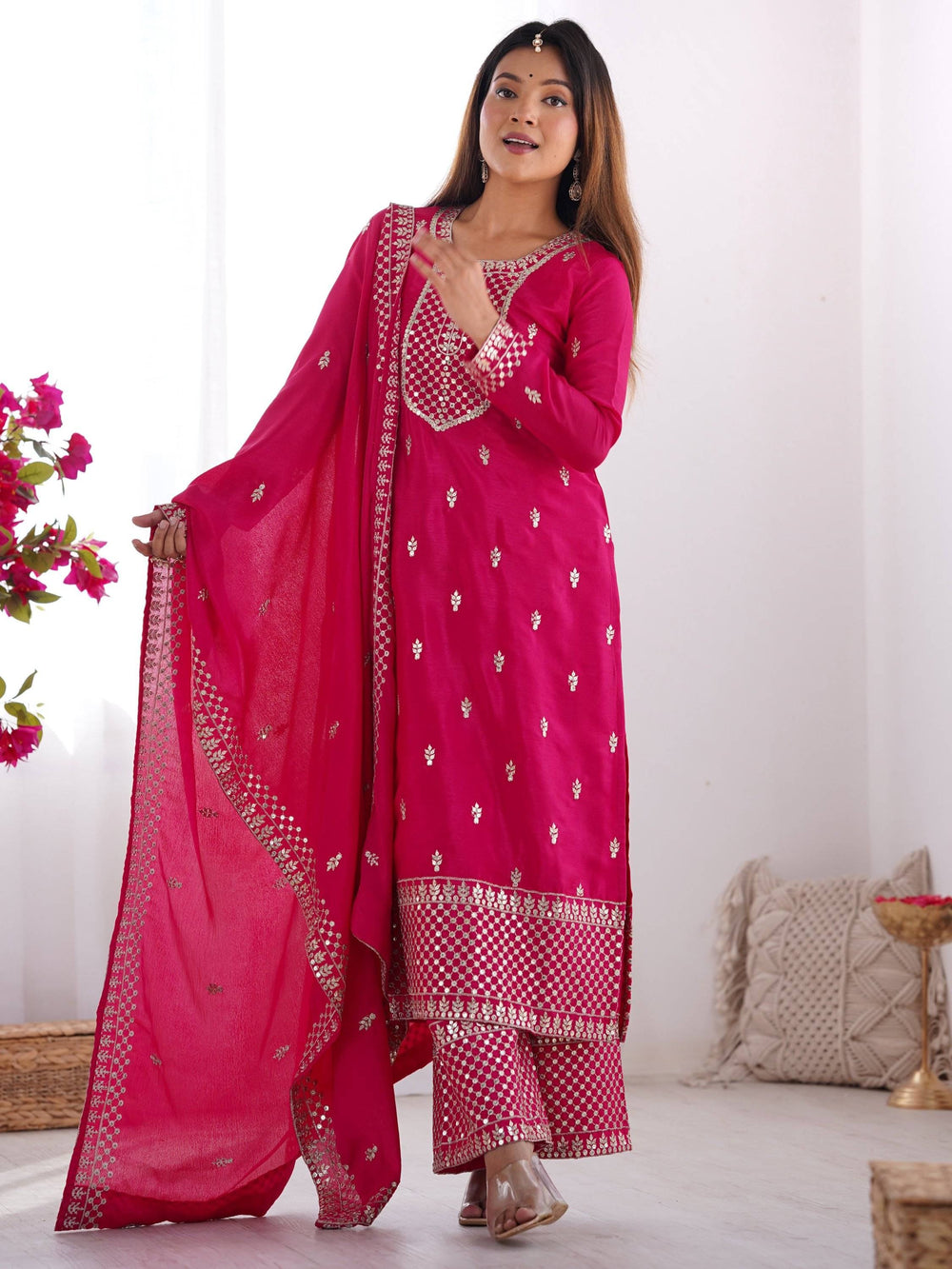 Pink Sequins Chinon Silk Festive Wear Palazzo Suit With Dupatta for Women