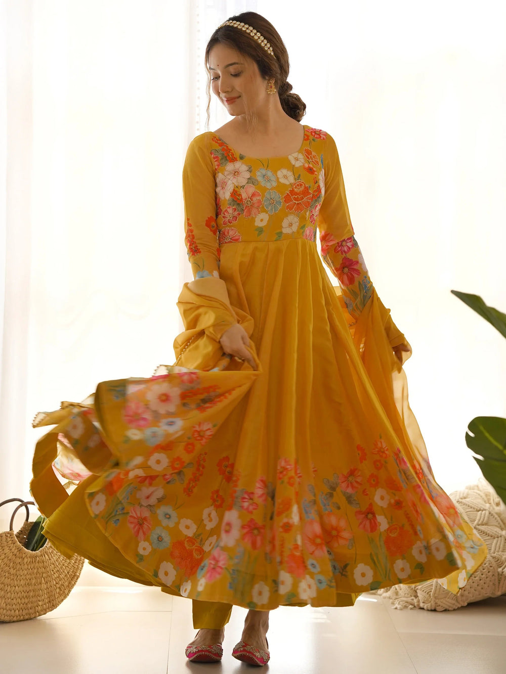 Yellow Floral Printed Organza Festive Wear Anarkali Suit for Women