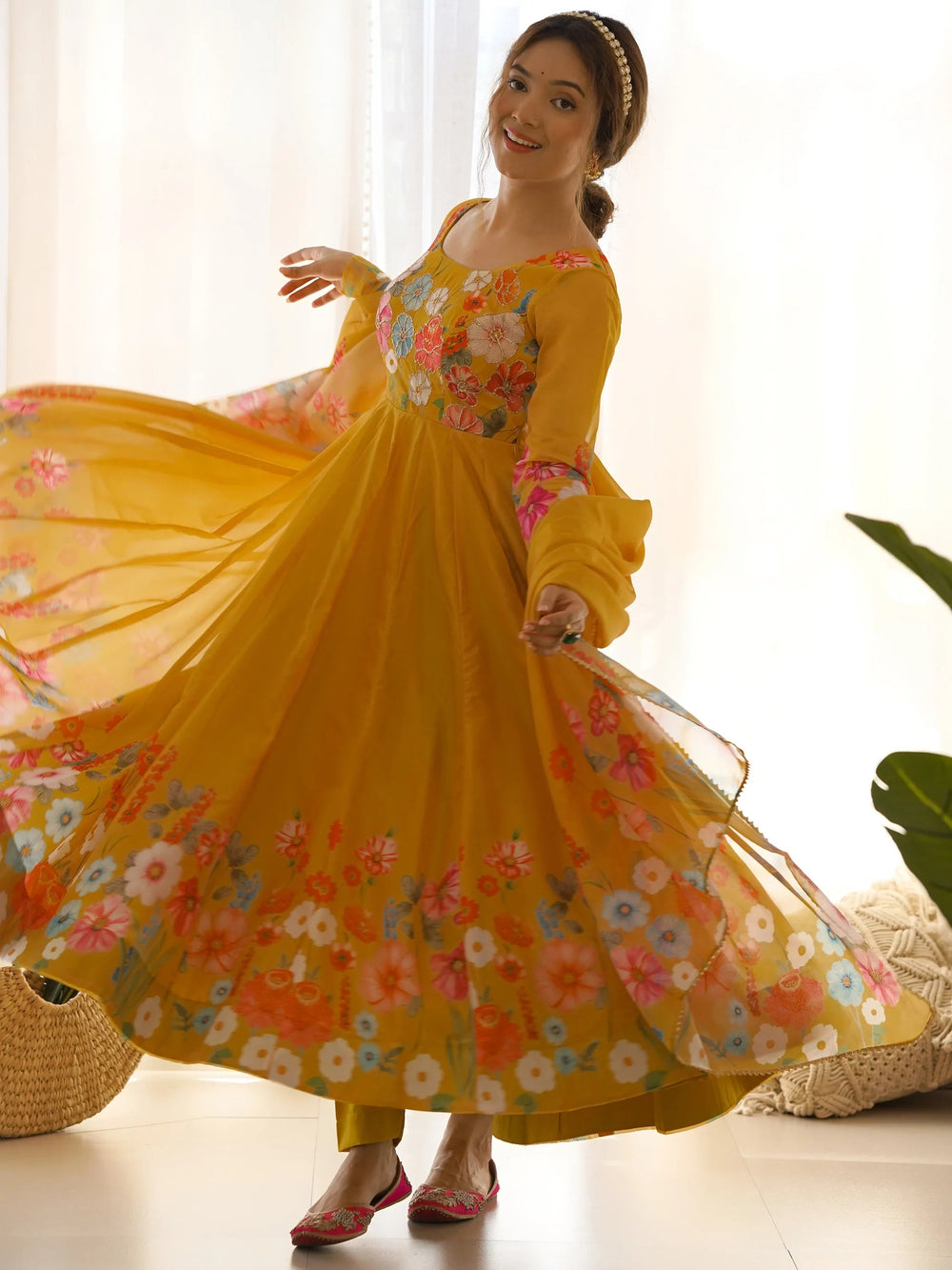 Yellow Floral Printed Organza Festive Wear Anarkali Suit for Women