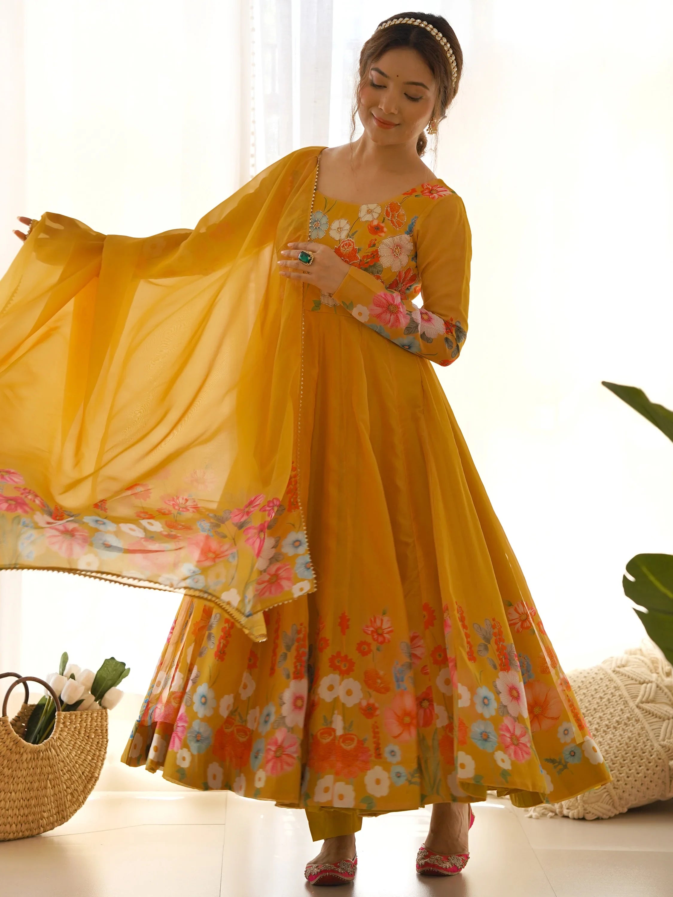 Yellow Floral Printed Organza Festive Wear Anarkali Suit for Women