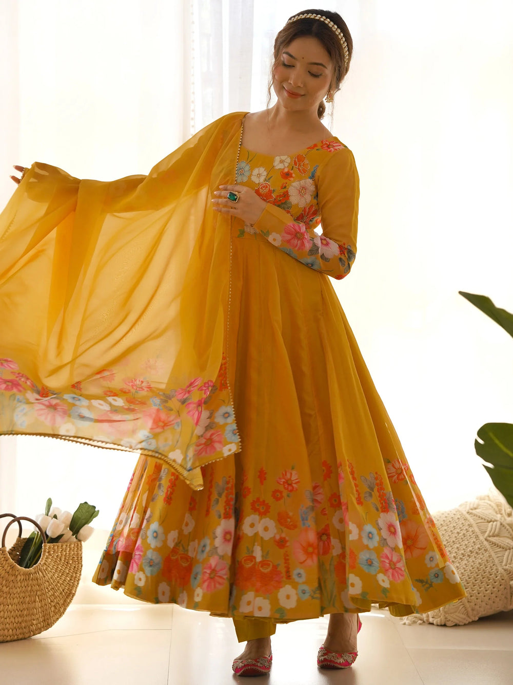 Yellow Floral Printed Organza Festive Wear Anarkali Suit for Women
