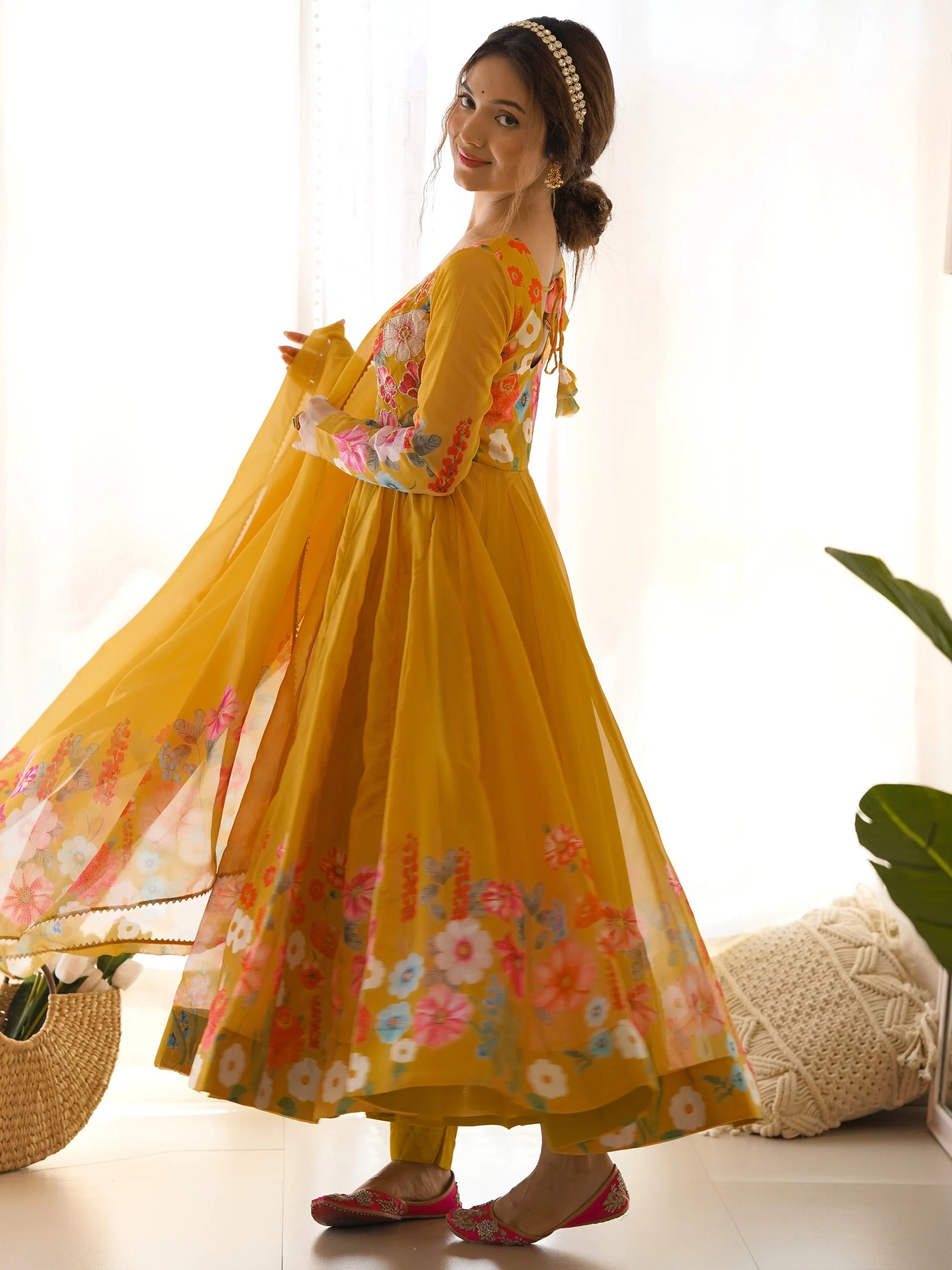 Yellow Floral Printed Organza Festive Wear Anarkali Suit for Women