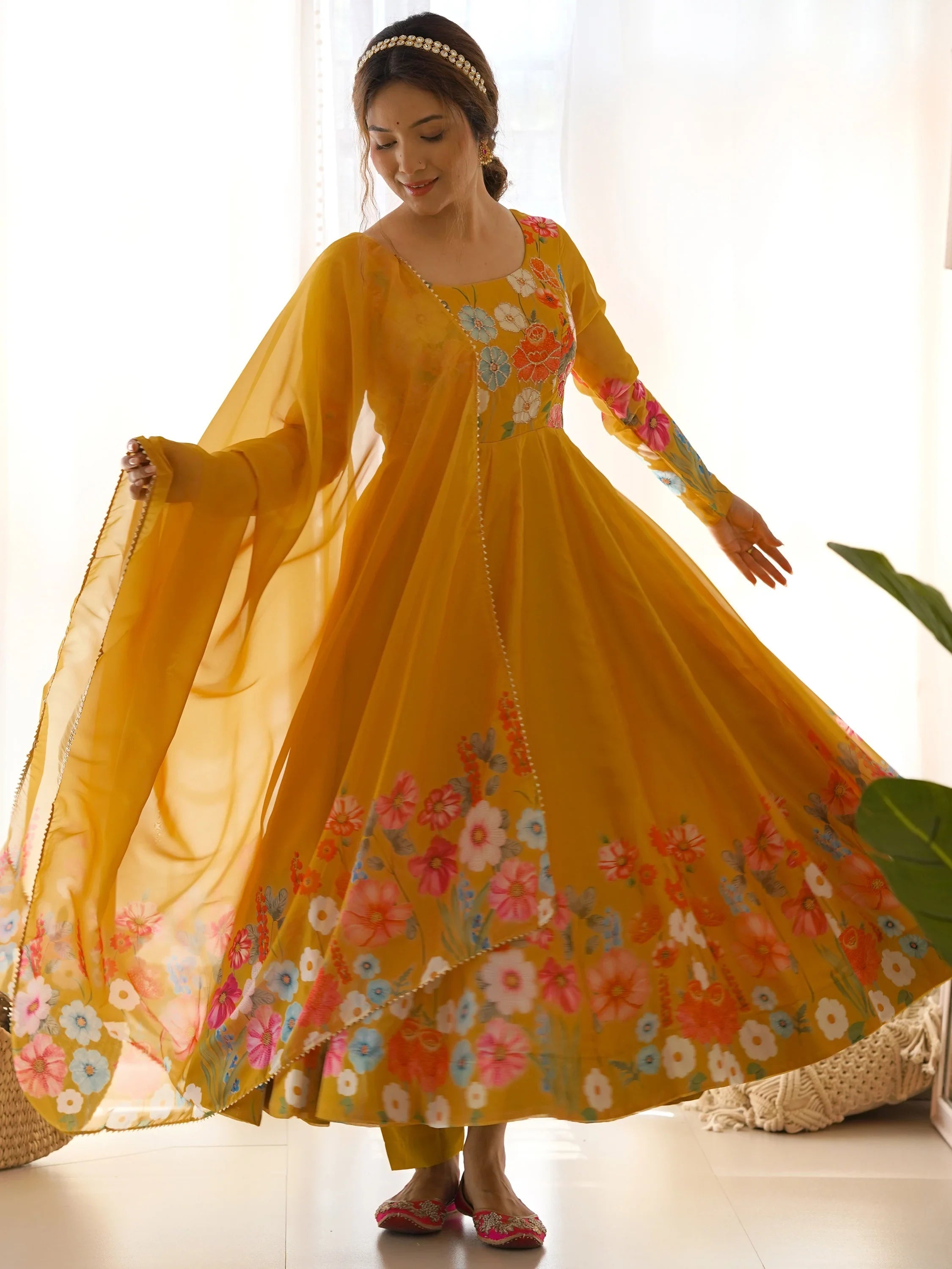 Yellow Floral Printed Organza Festive Wear Anarkali Suit for Women
