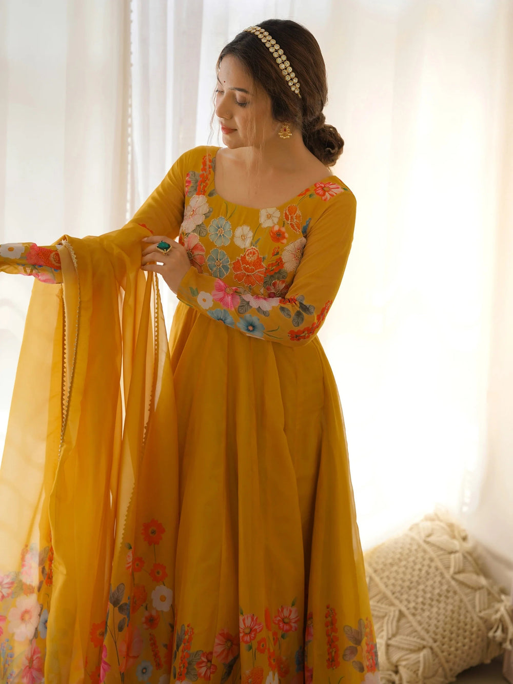 Yellow Floral Printed Organza Festive Wear Anarkali Suit for Women