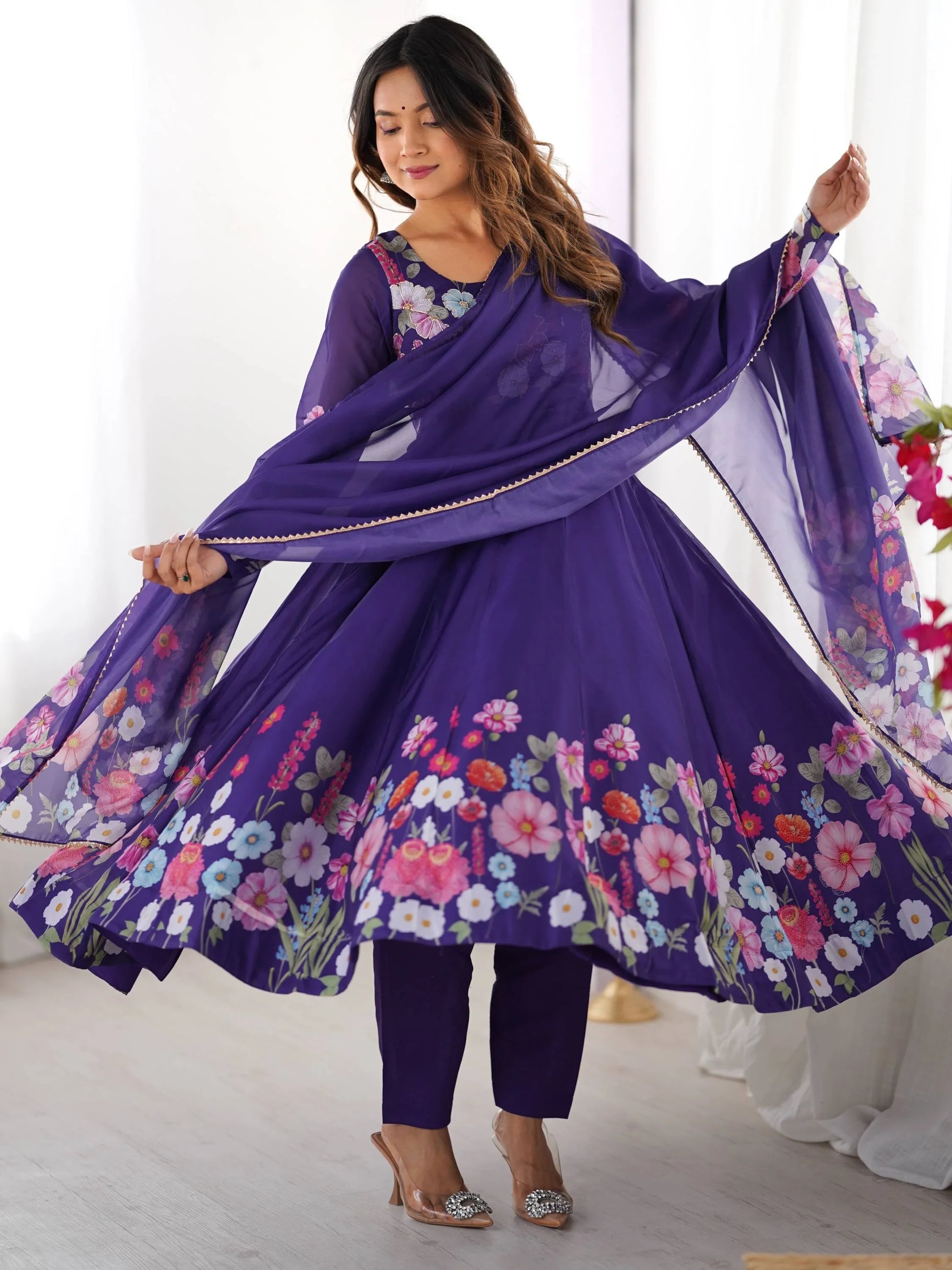 Purple Floral Printed Organza Festive Wear Anarkali Suit for Women
