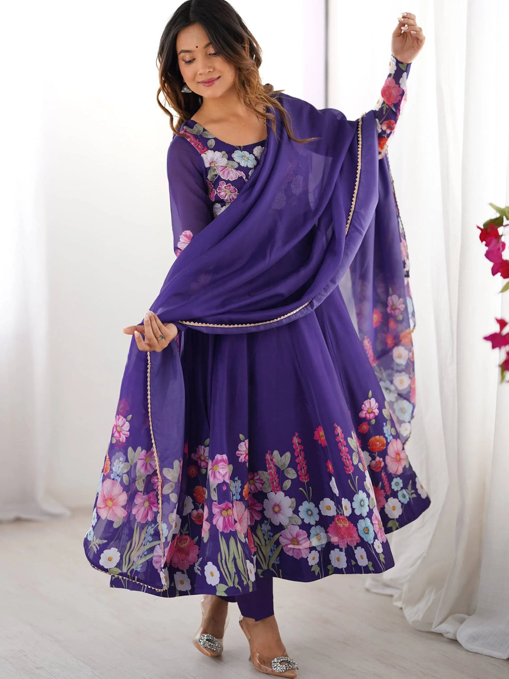 Purple Floral Printed Organza Festive Wear Anarkali Suit for Women