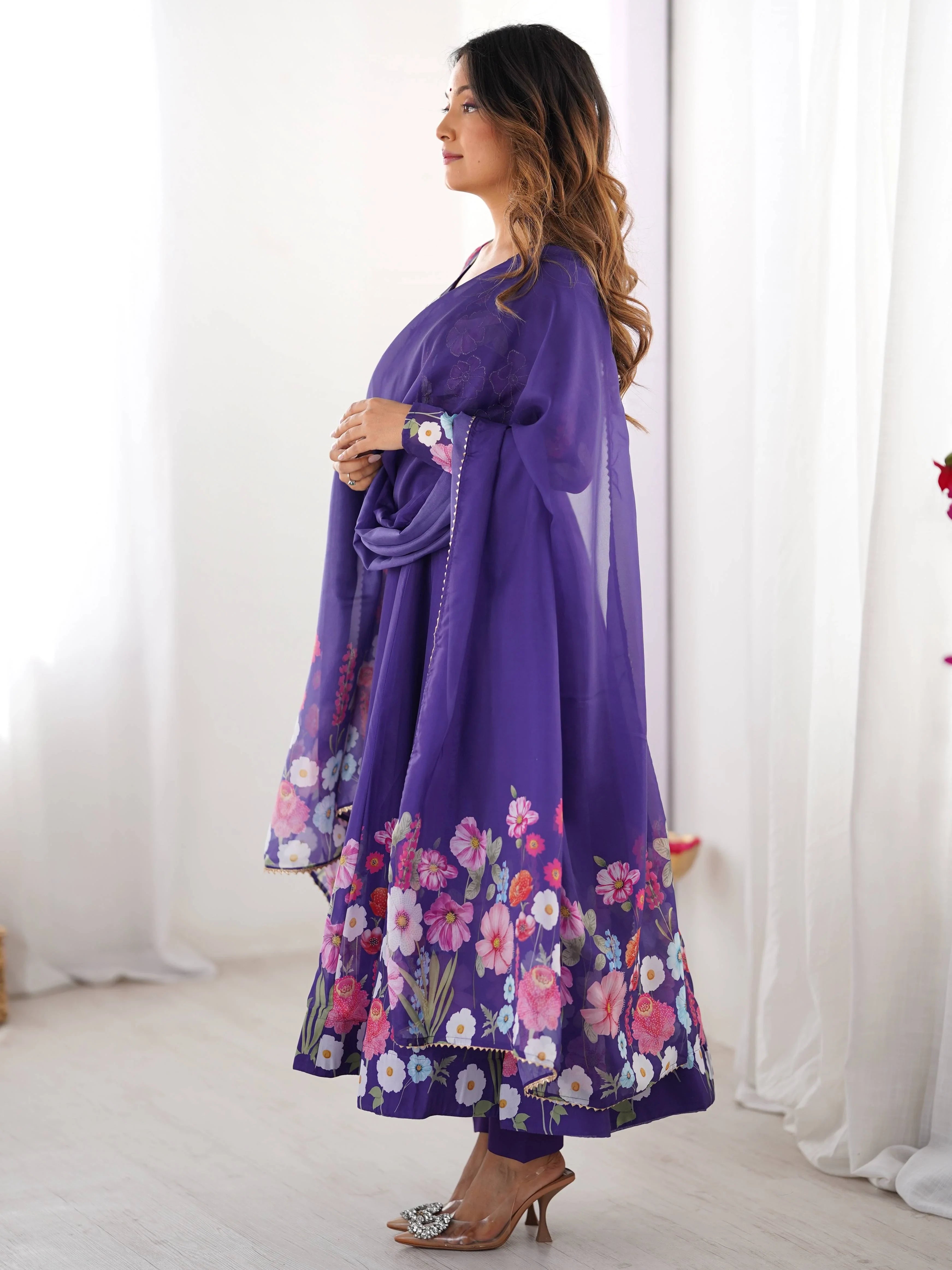 Purple Floral Printed Organza Festive Wear Anarkali Suit for Women