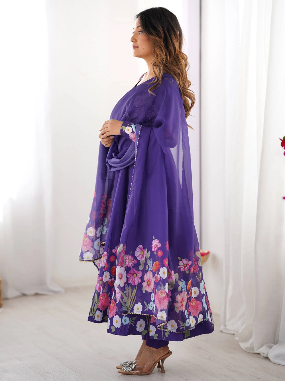 Purple Floral Printed Organza Festive Wear Anarkali Suit for Women