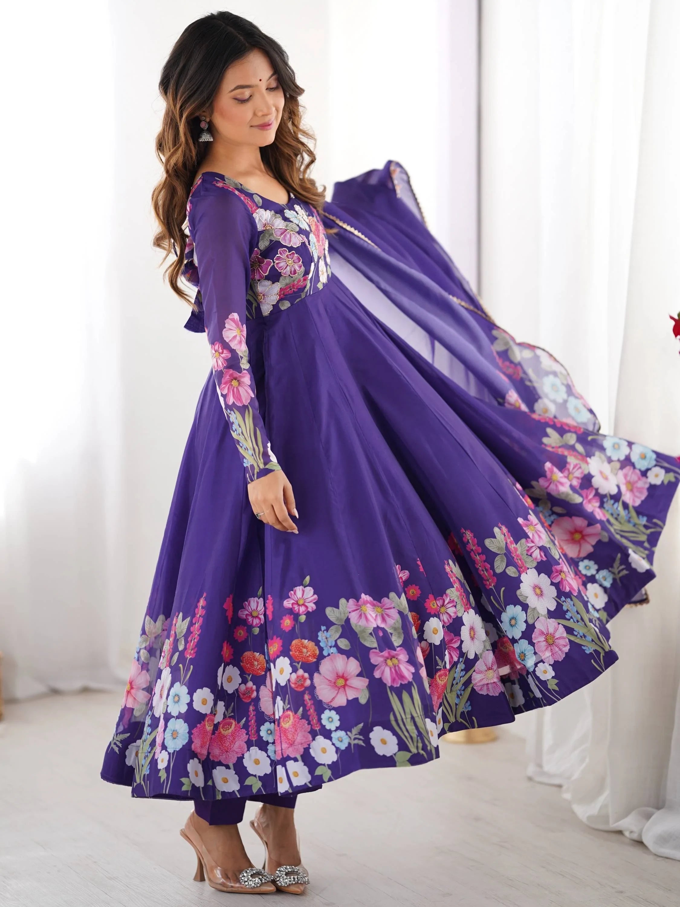 Purple Floral Printed Organza Festive Wear Anarkali Suit for Women