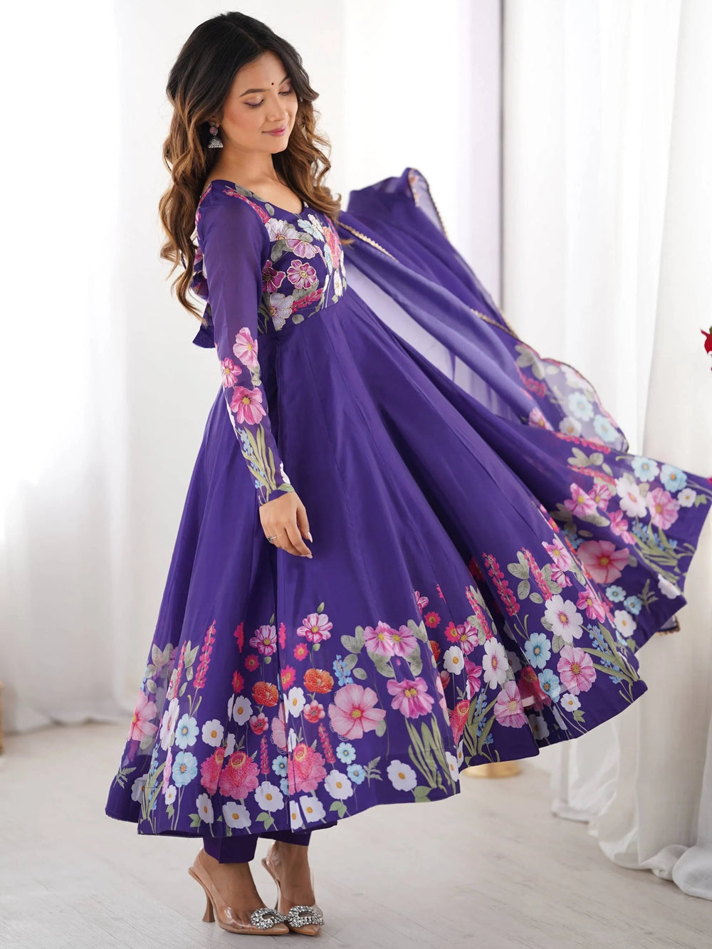 Purple Floral Printed Organza Festive Wear Anarkali Suit for Women