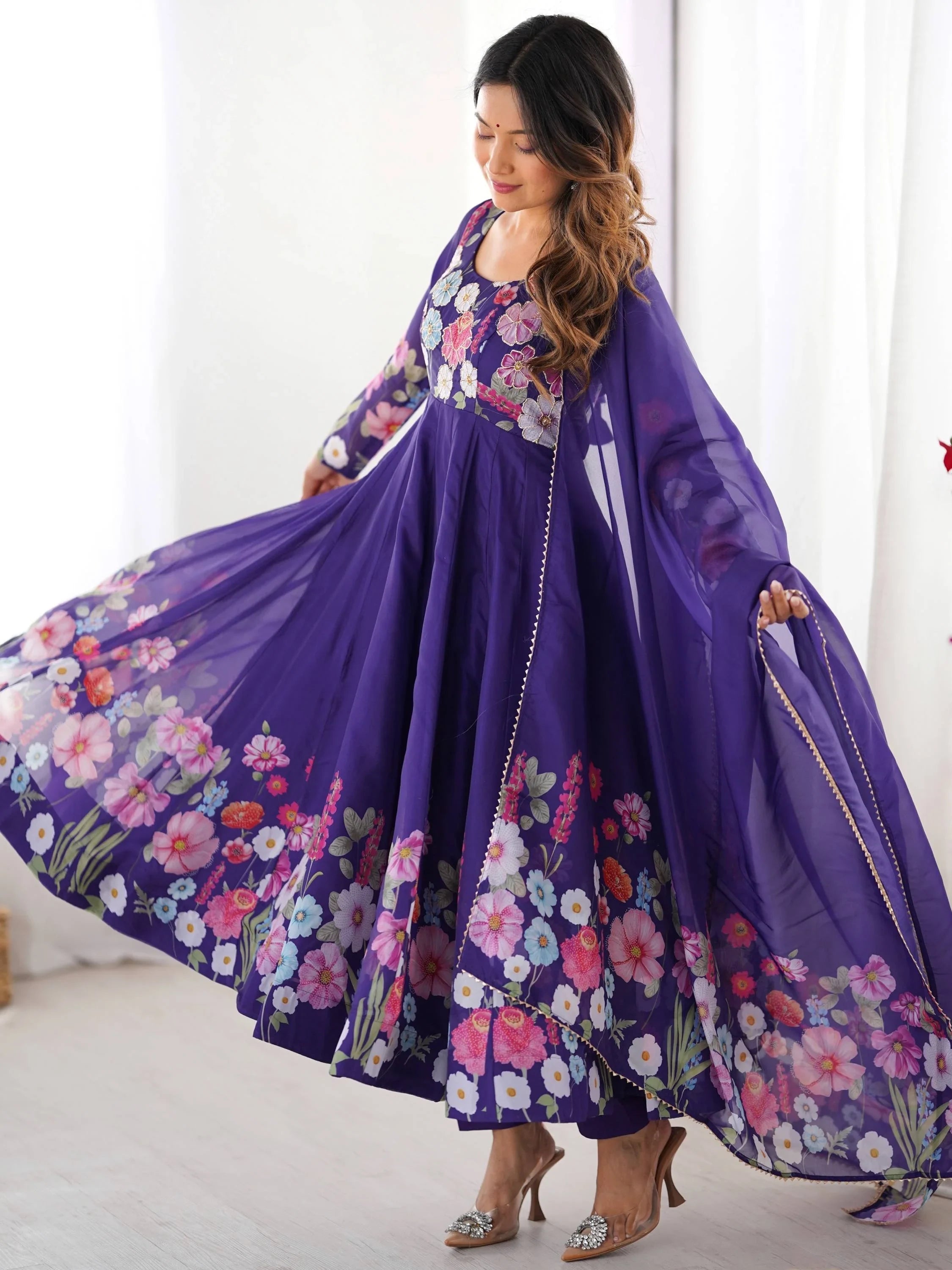 Purple Floral Printed Organza Festive Wear Anarkali Suit for Women