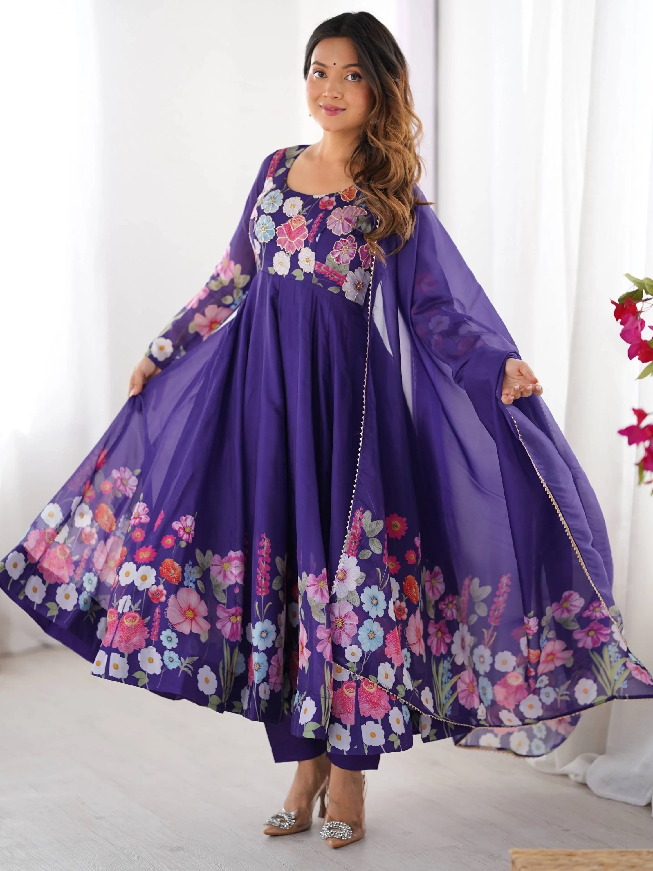 Purple Floral Printed Organza Festive Wear Anarkali Suit for Women