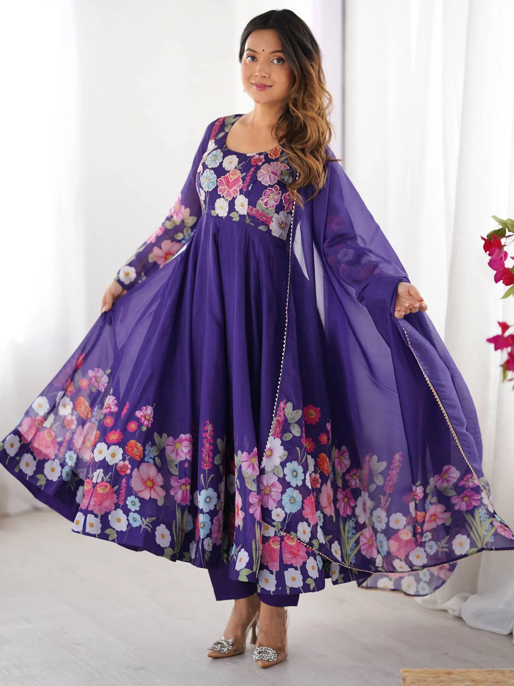 Purple Floral Printed Organza Festive Wear Anarkali Suit for Women