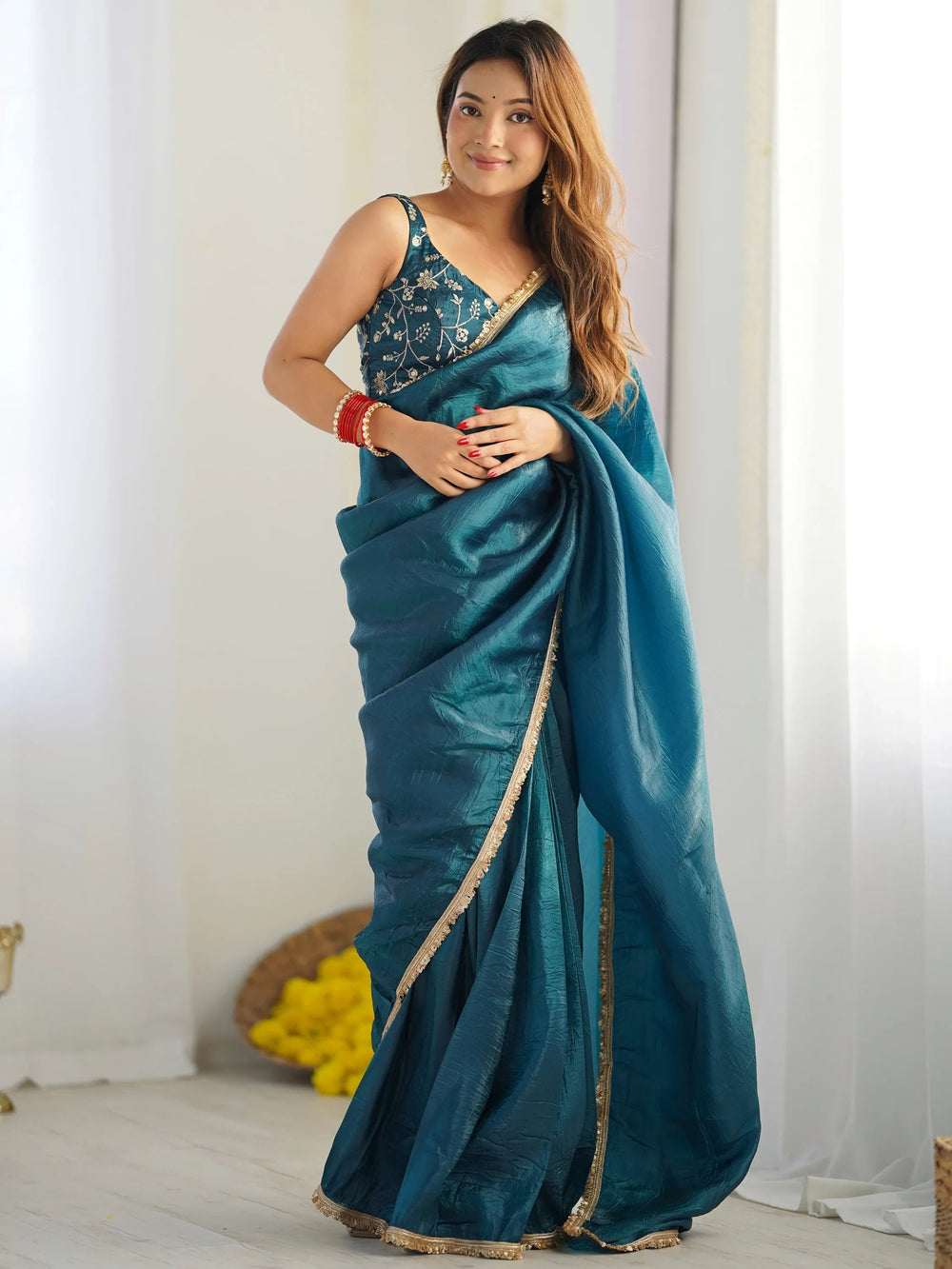 Teal Light Tissue Silk Pre Stitched Saree With Blouse