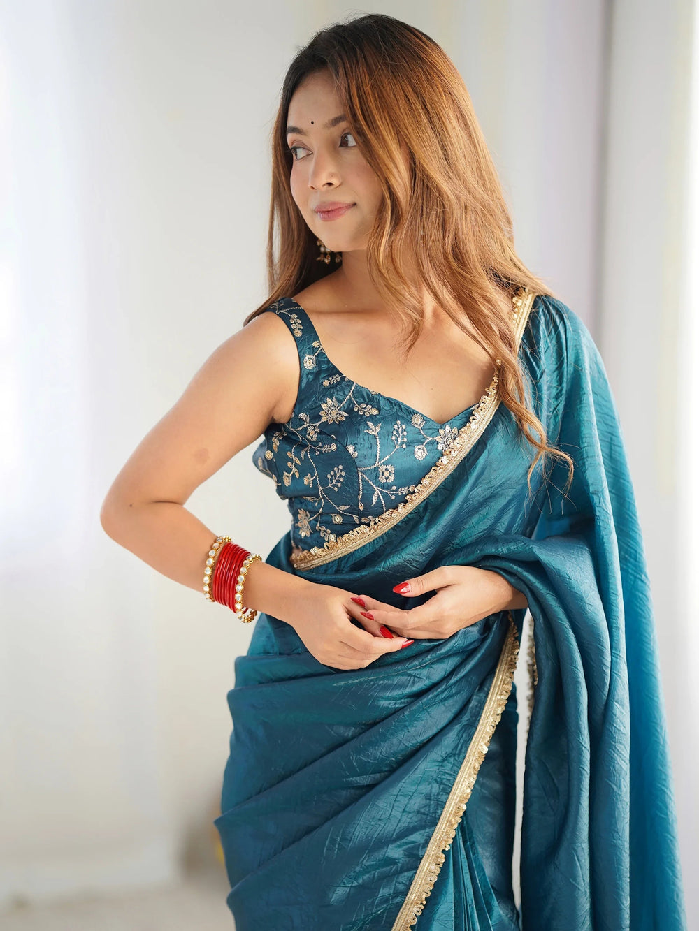 Teal Light Tissue Silk Pre Stitched Saree With Blouse