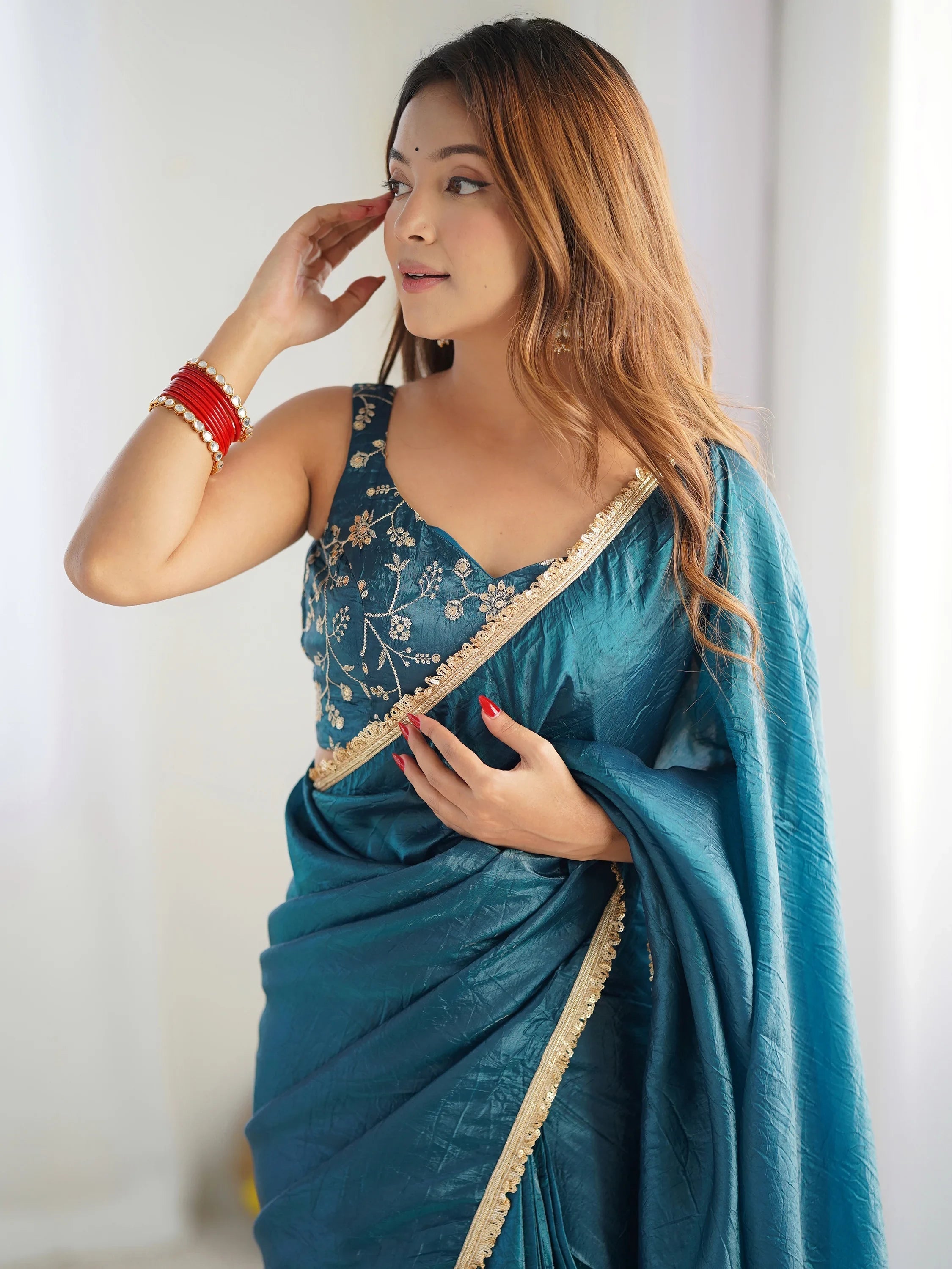 Teal Light Tissue Silk Pre Stitched Saree With Blouse