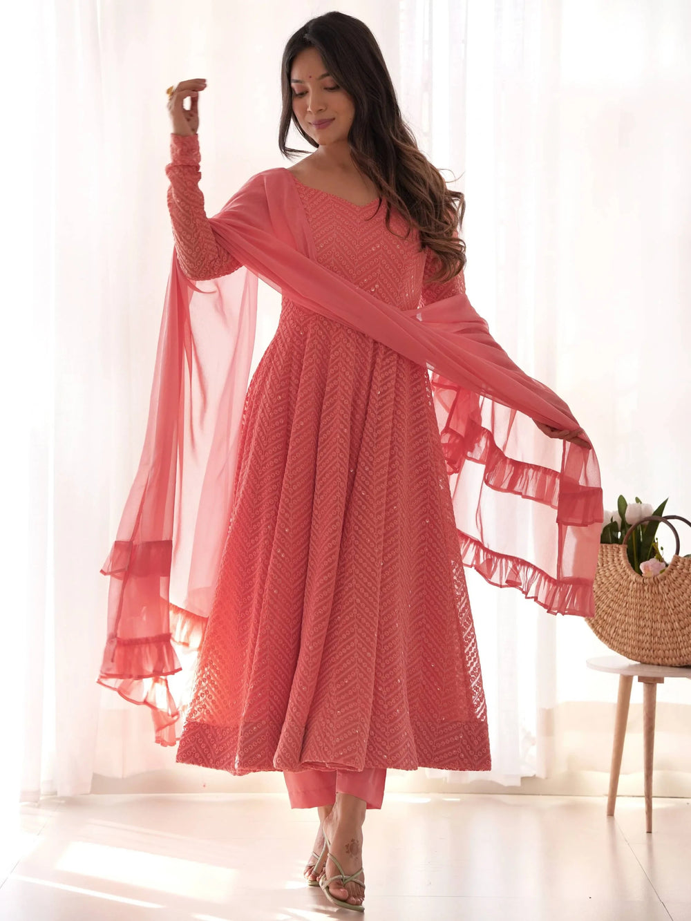 Peach Sequins Georgette Festival Wear Anarkali Suit for Women