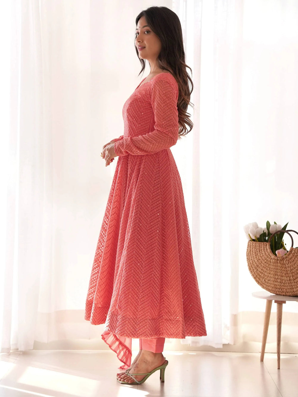 Peach Sequins Georgette Festival Wear Anarkali Suit for Women