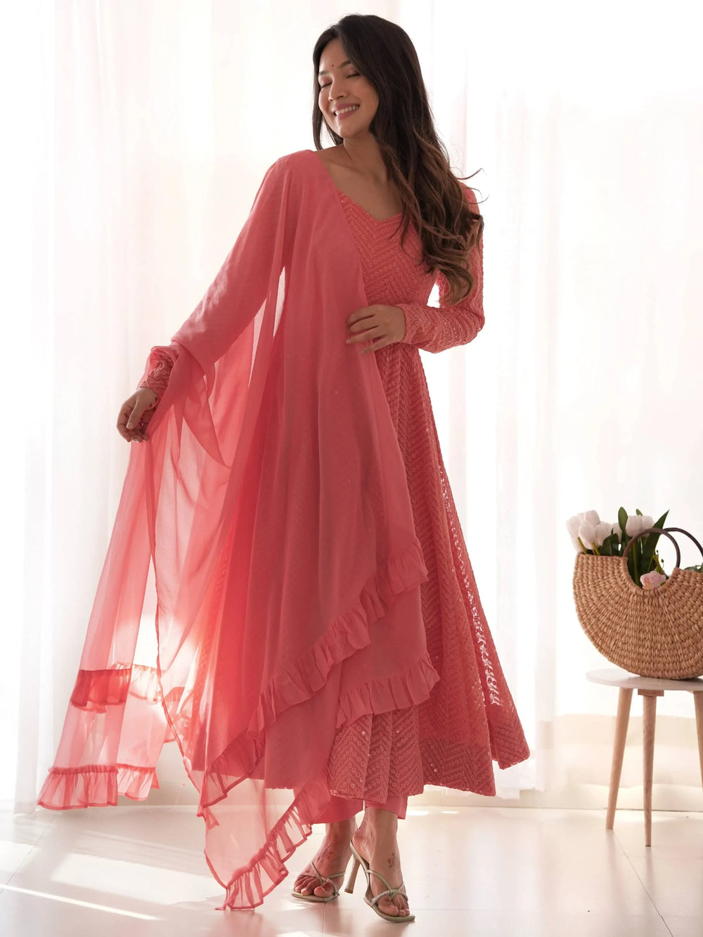 Peach Sequins Georgette Festival Wear Anarkali Suit for Women
