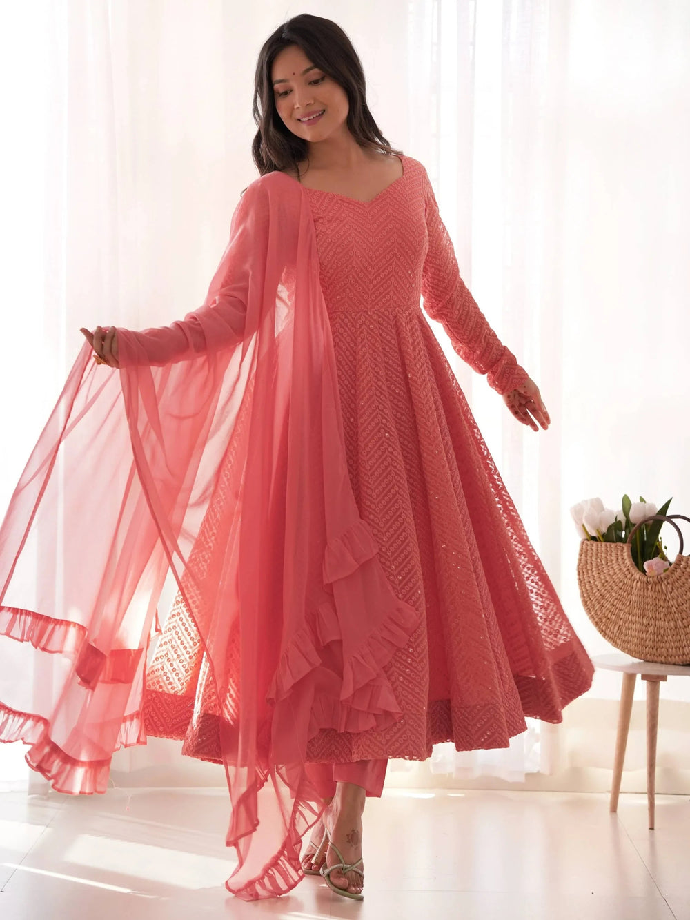 Peach Sequins Georgette Festival Wear Anarkali Suit for Women