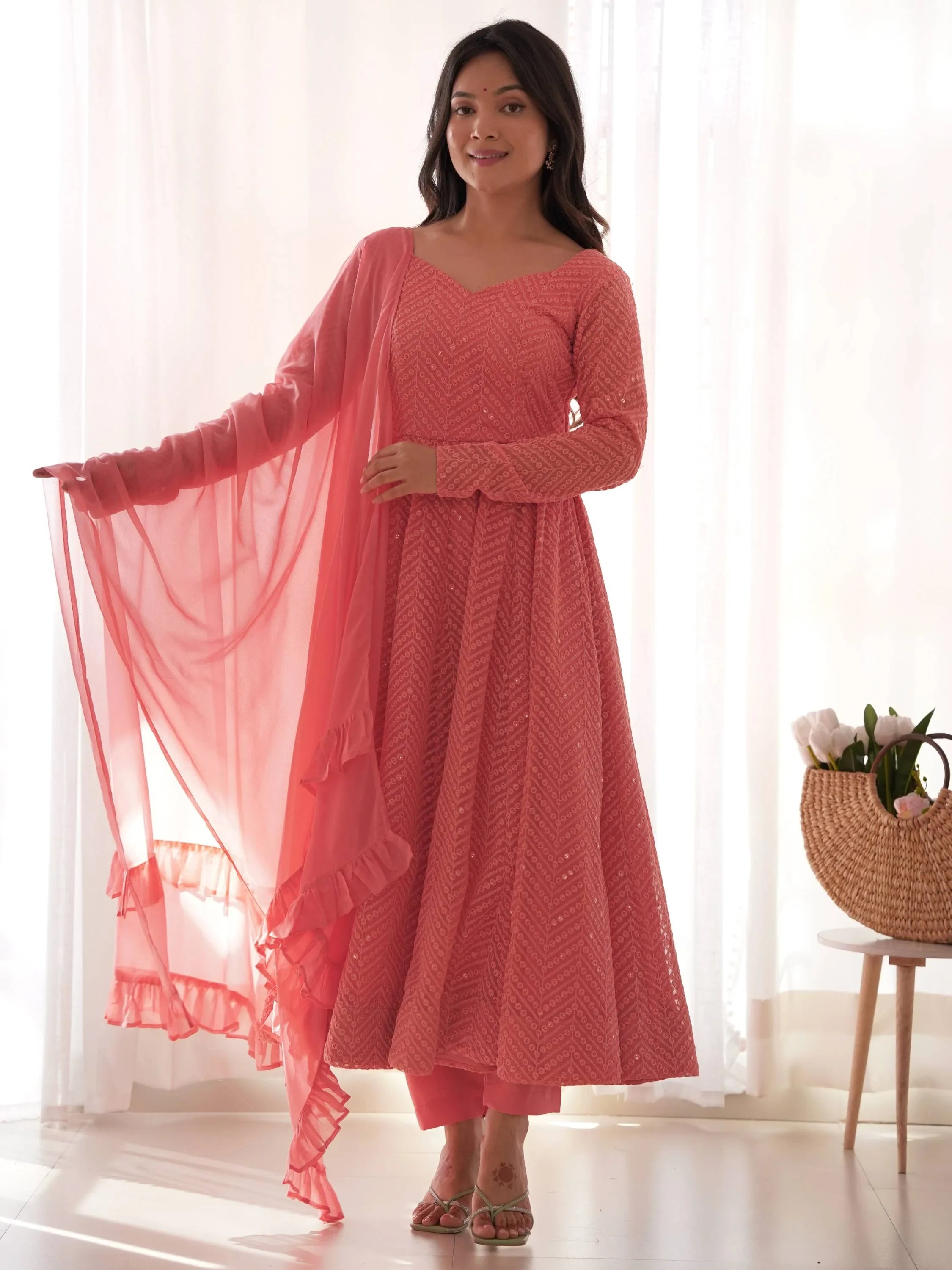Peach Sequins Georgette Festival Wear Anarkali Suit for Women