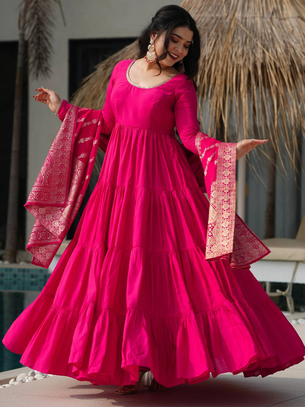 Pink Chanderi Festival Wear Anarkali Suit With Banarasi Dupatta for Women