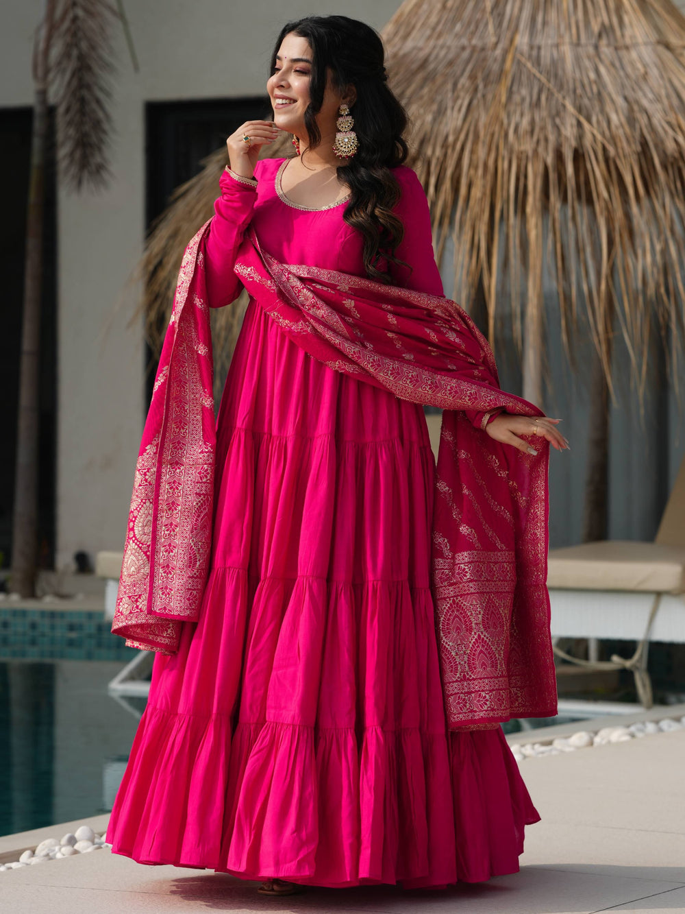Pink Chanderi Festival Wear Anarkali Suit With Banarasi Dupatta for Women