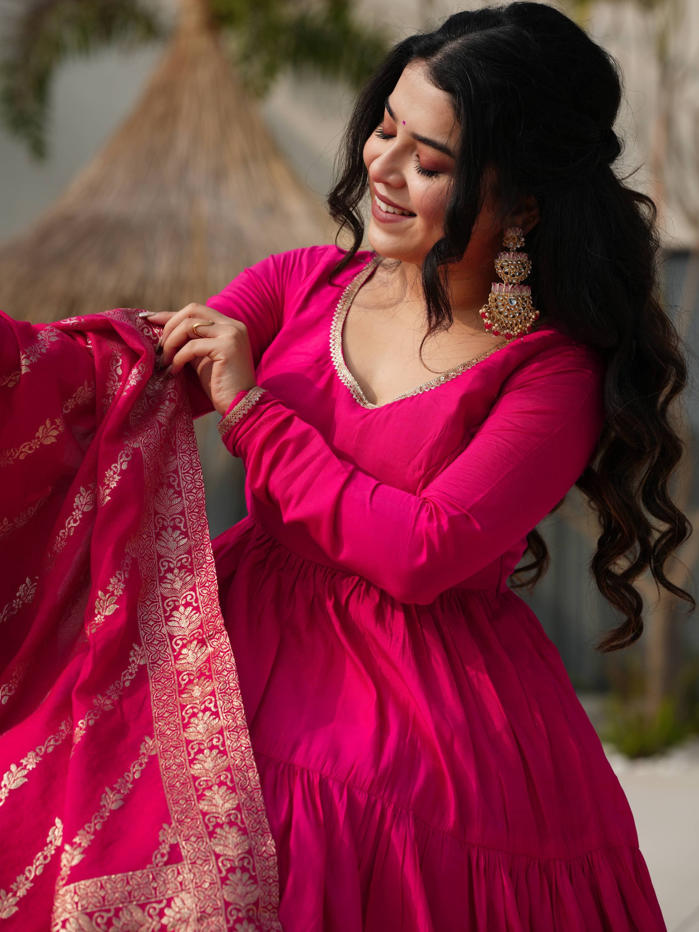 Pink Chanderi Festival Wear Anarkali Suit With Banarasi Dupatta for Women