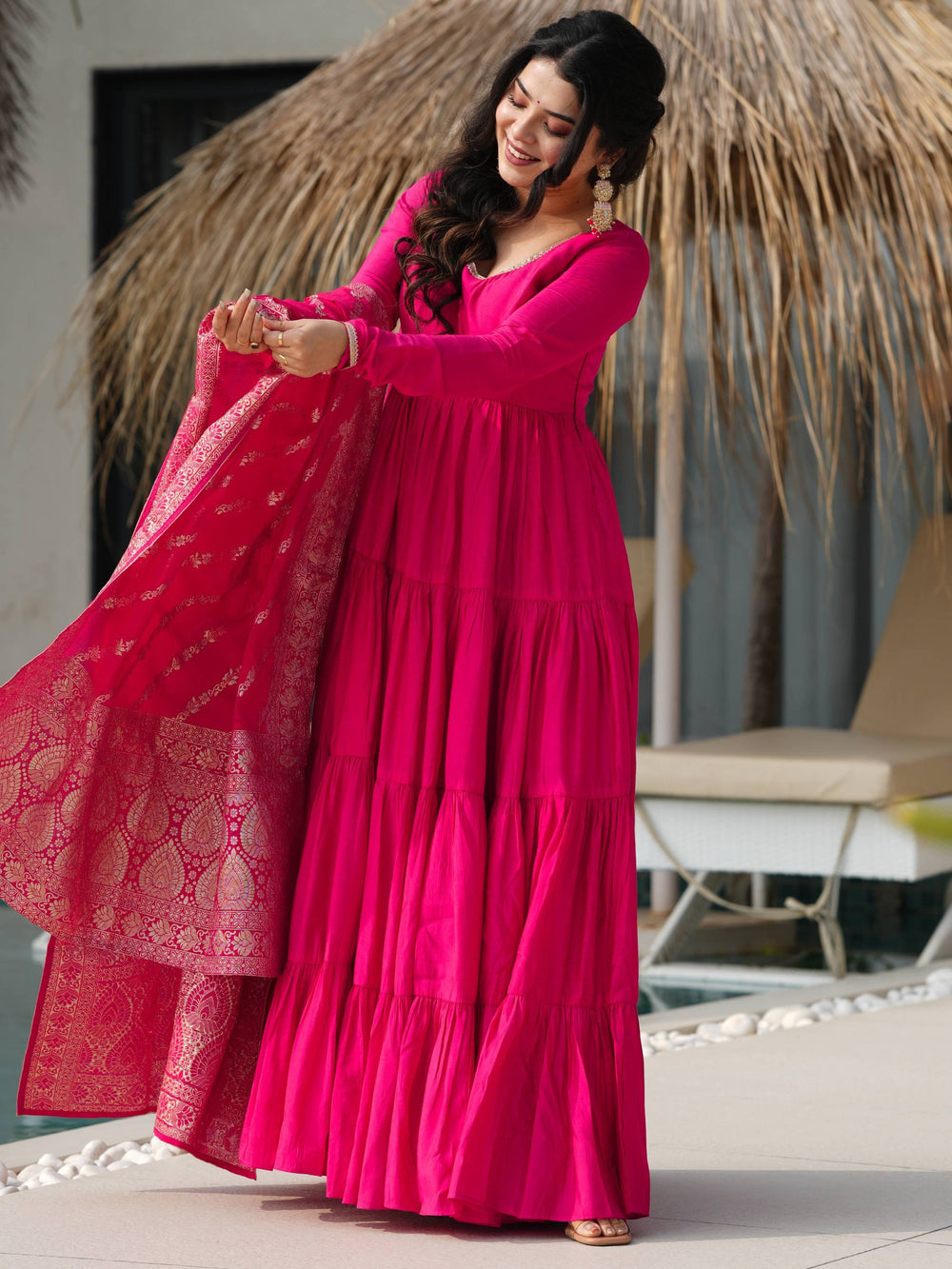 Pink Chanderi Festival Wear Anarkali Suit With Banarasi Dupatta for Women