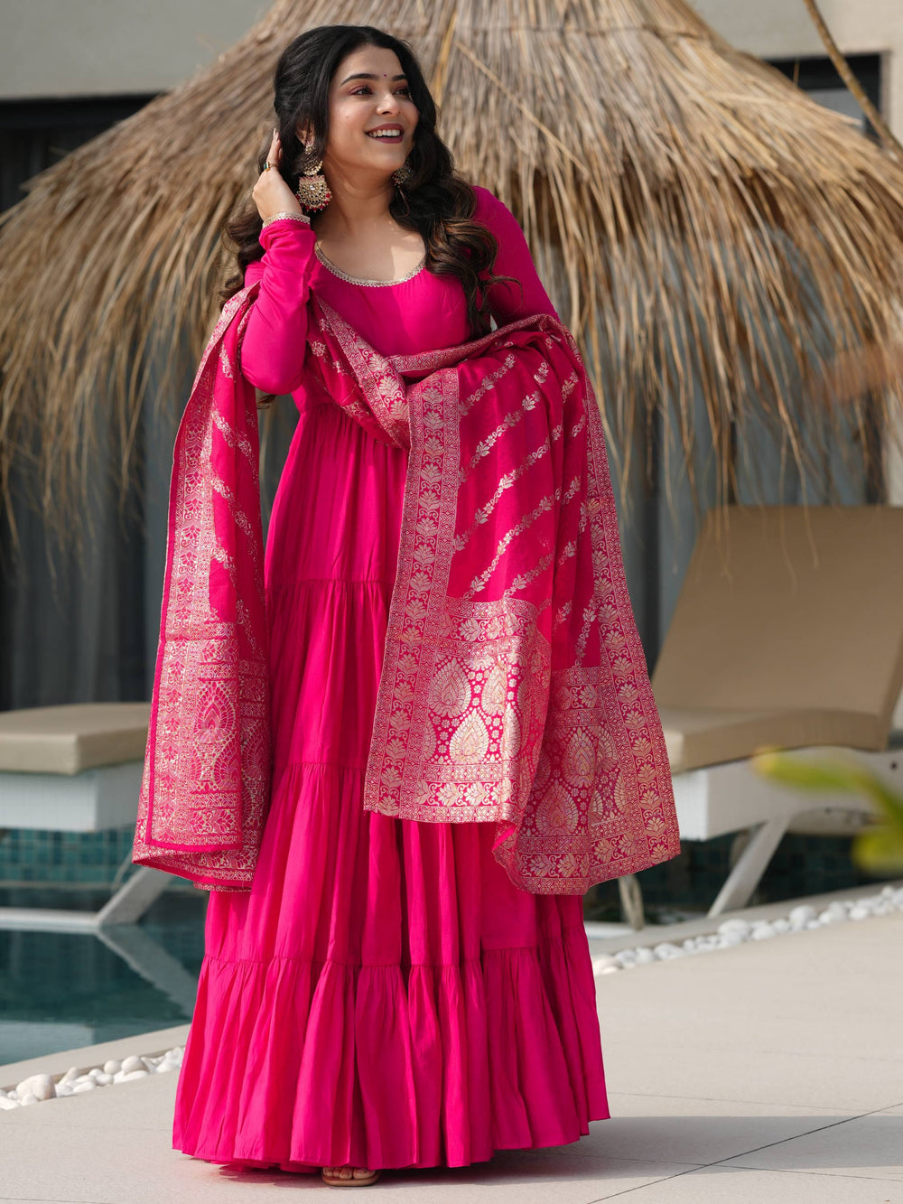 Pink Chanderi Festival Wear Anarkali Suit With Banarasi Dupatta for Women