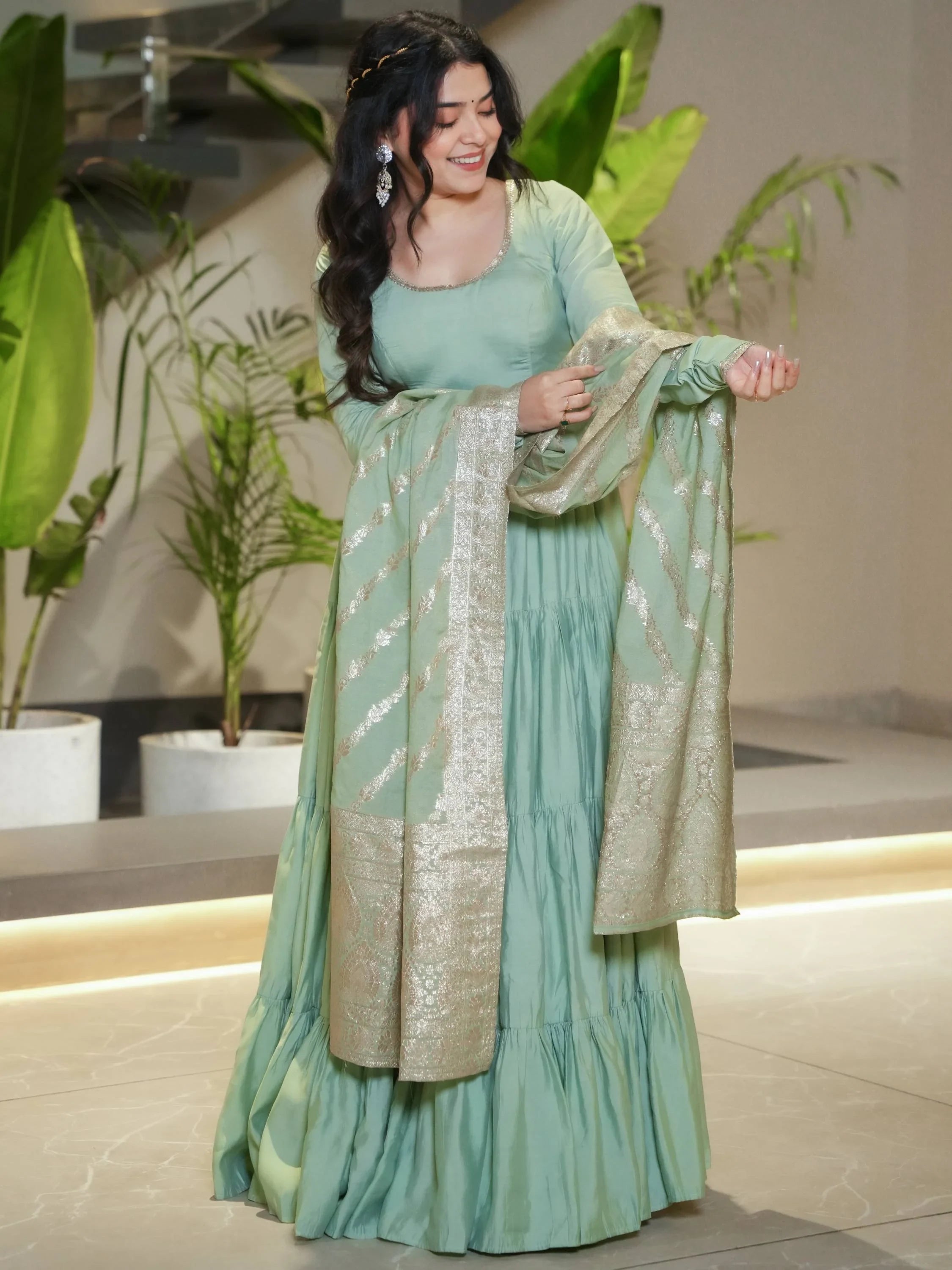 Green Chanderi Festival Wear Anarkali Suit With Banarasi Dupatta for Women