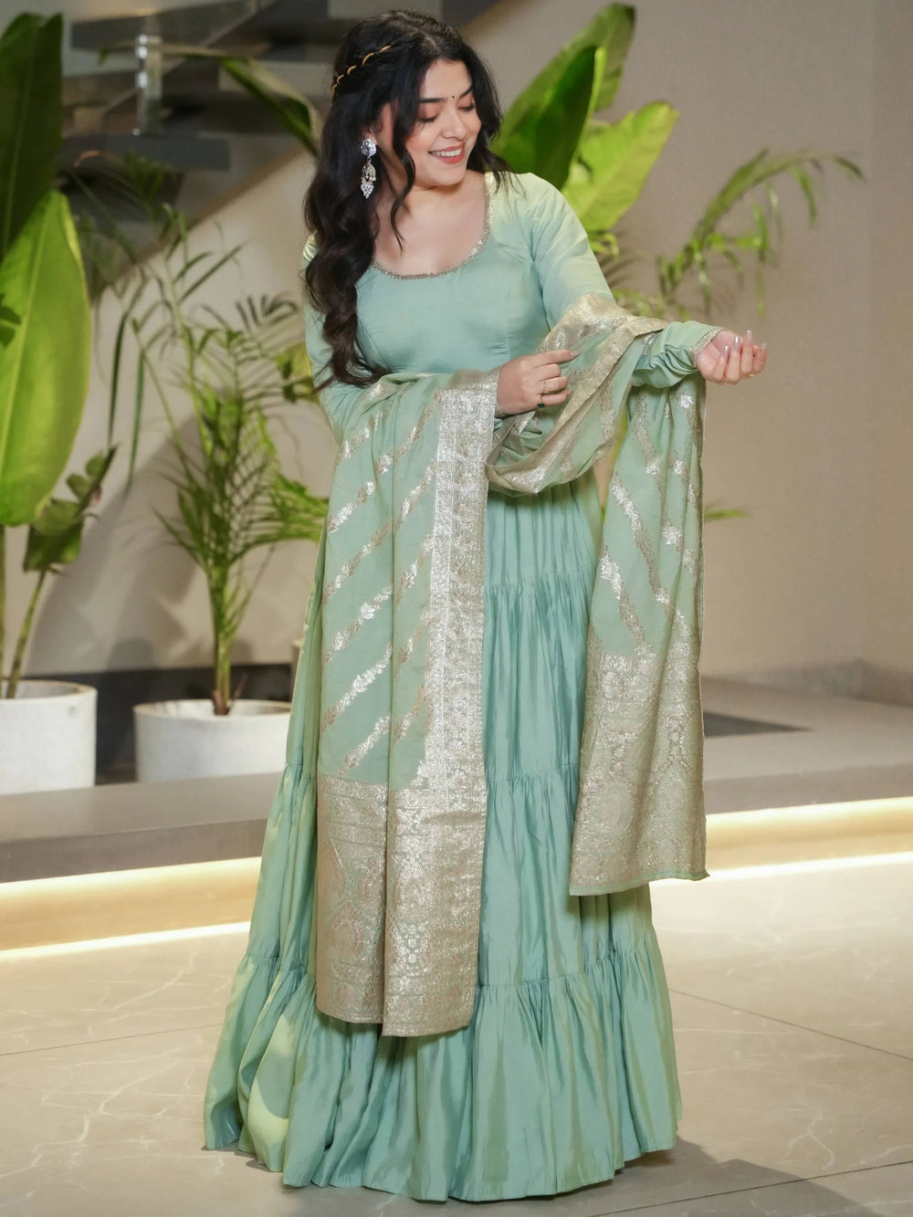 Green Chanderi Festival Wear Anarkali Suit With Banarasi Dupatta for Women