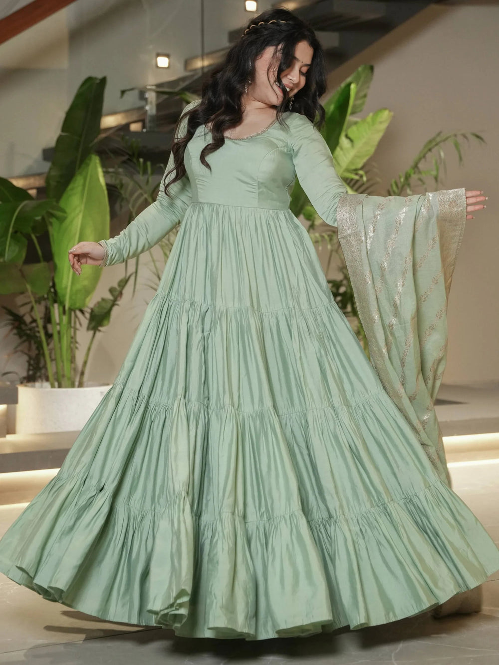 Green Chanderi Festival Wear Anarkali Suit With Banarasi Dupatta for Women