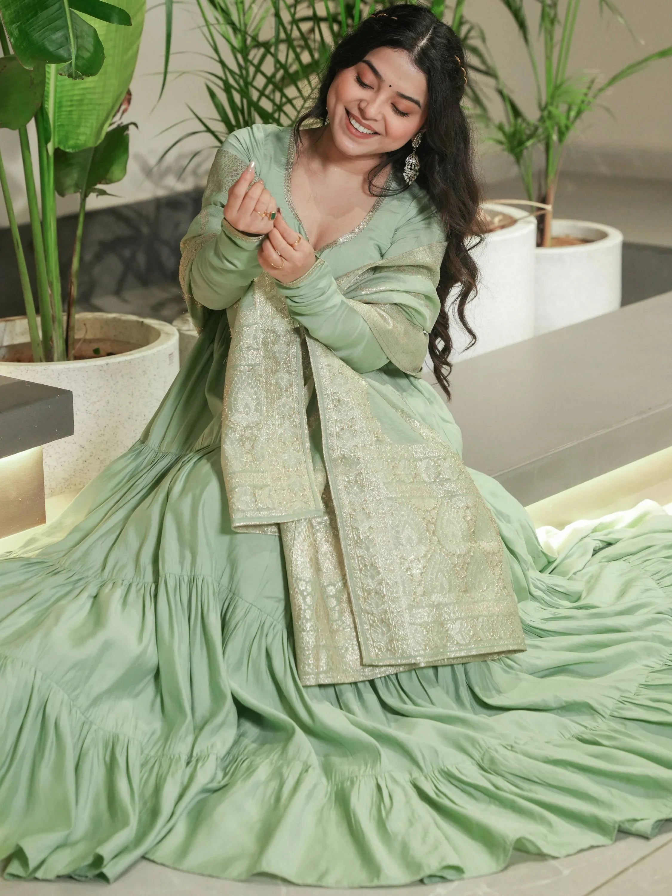 Green Chanderi Festival Wear Anarkali Suit With Banarasi Dupatta for Women