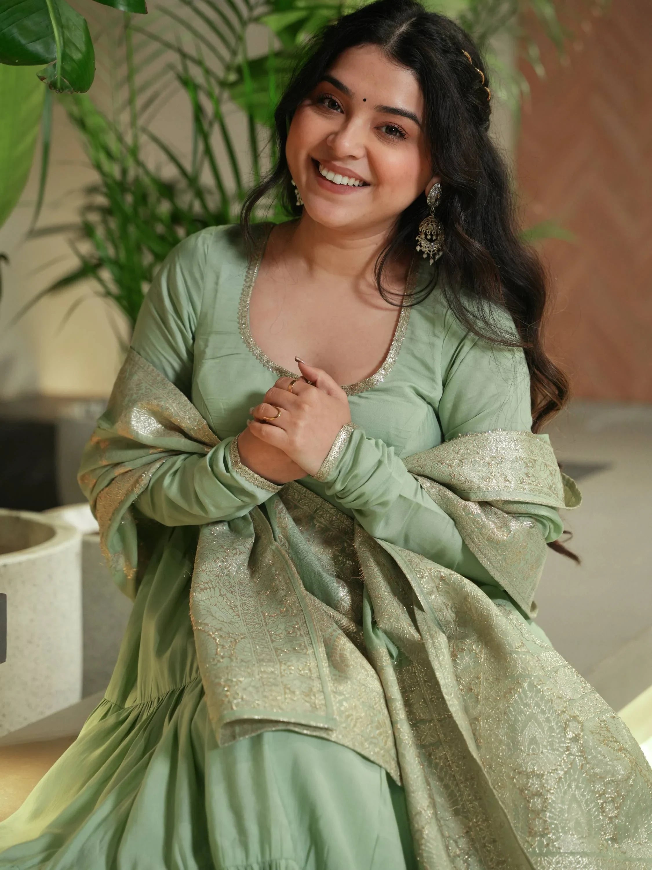 Green Chanderi Festival Wear Anarkali Suit With Banarasi Dupatta for Women