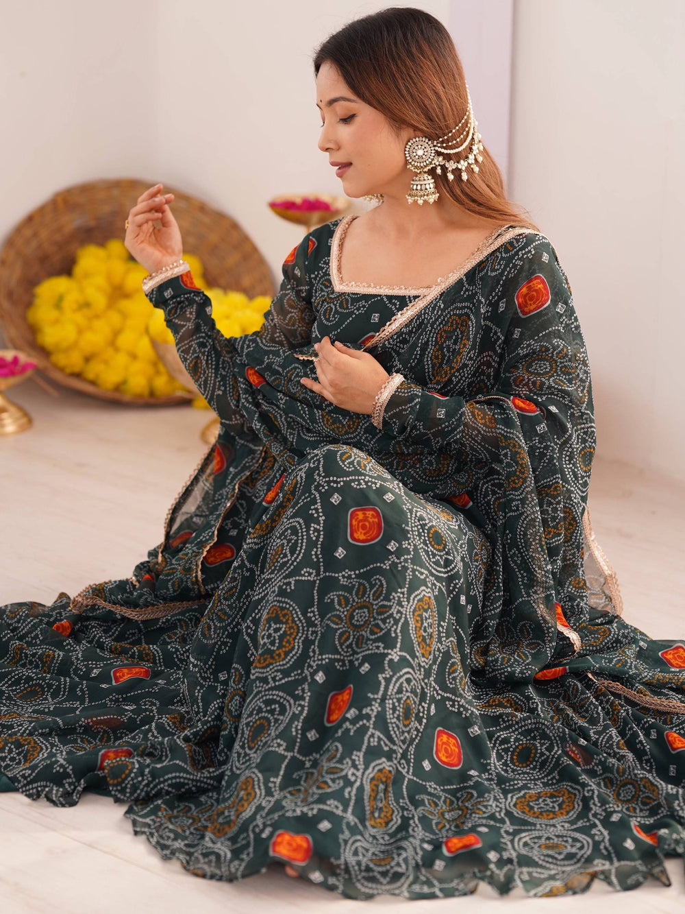 Green Bandhej Printed Georgette Festive Wear Anarkali Suit for Women