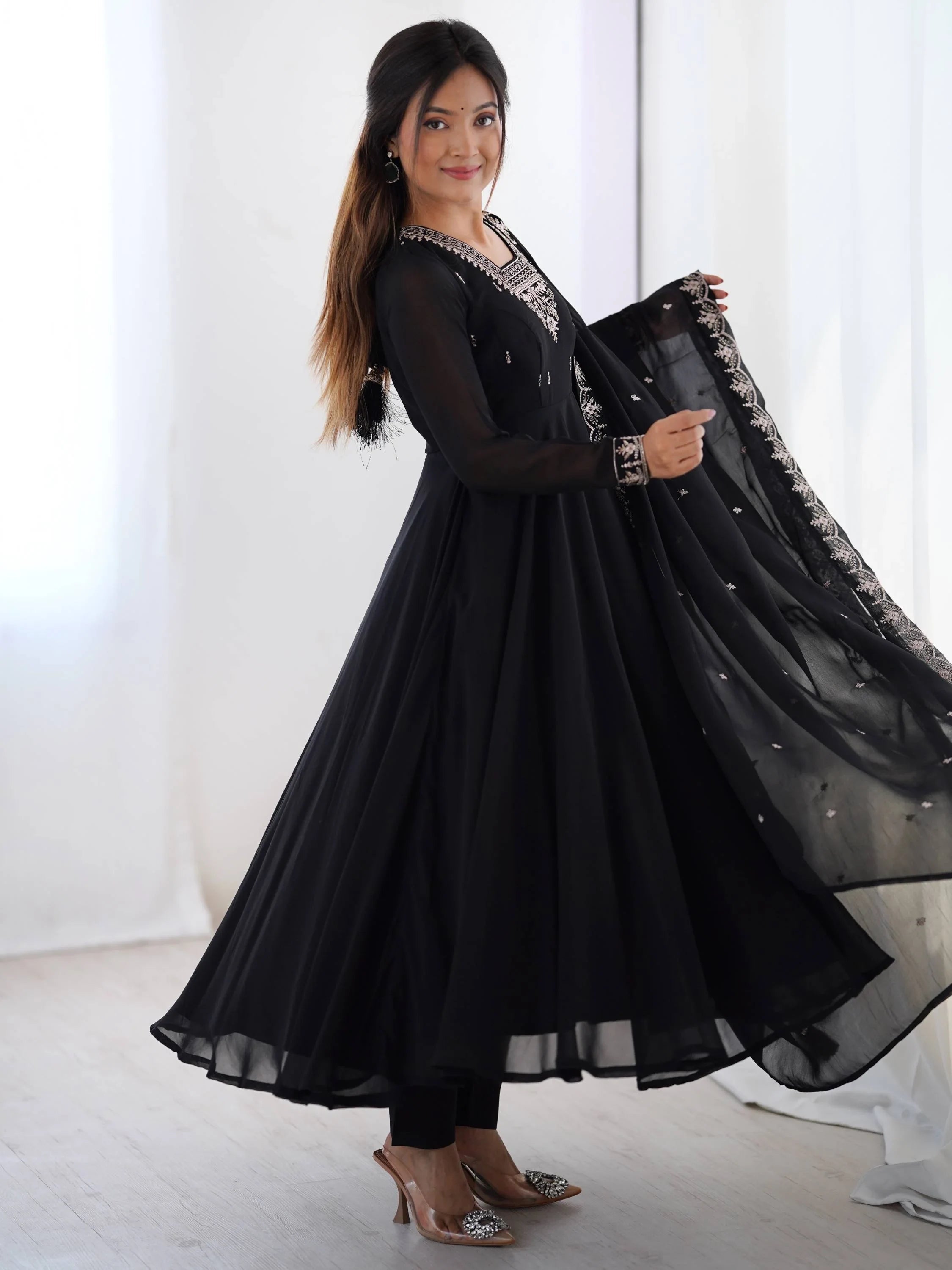 Black Beads Work Georgette Festive Wear Anarkali Suit for Women
