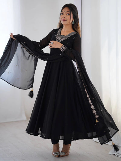 Black Beads Work Georgette Festive Wear Anarkali Suit for Women
