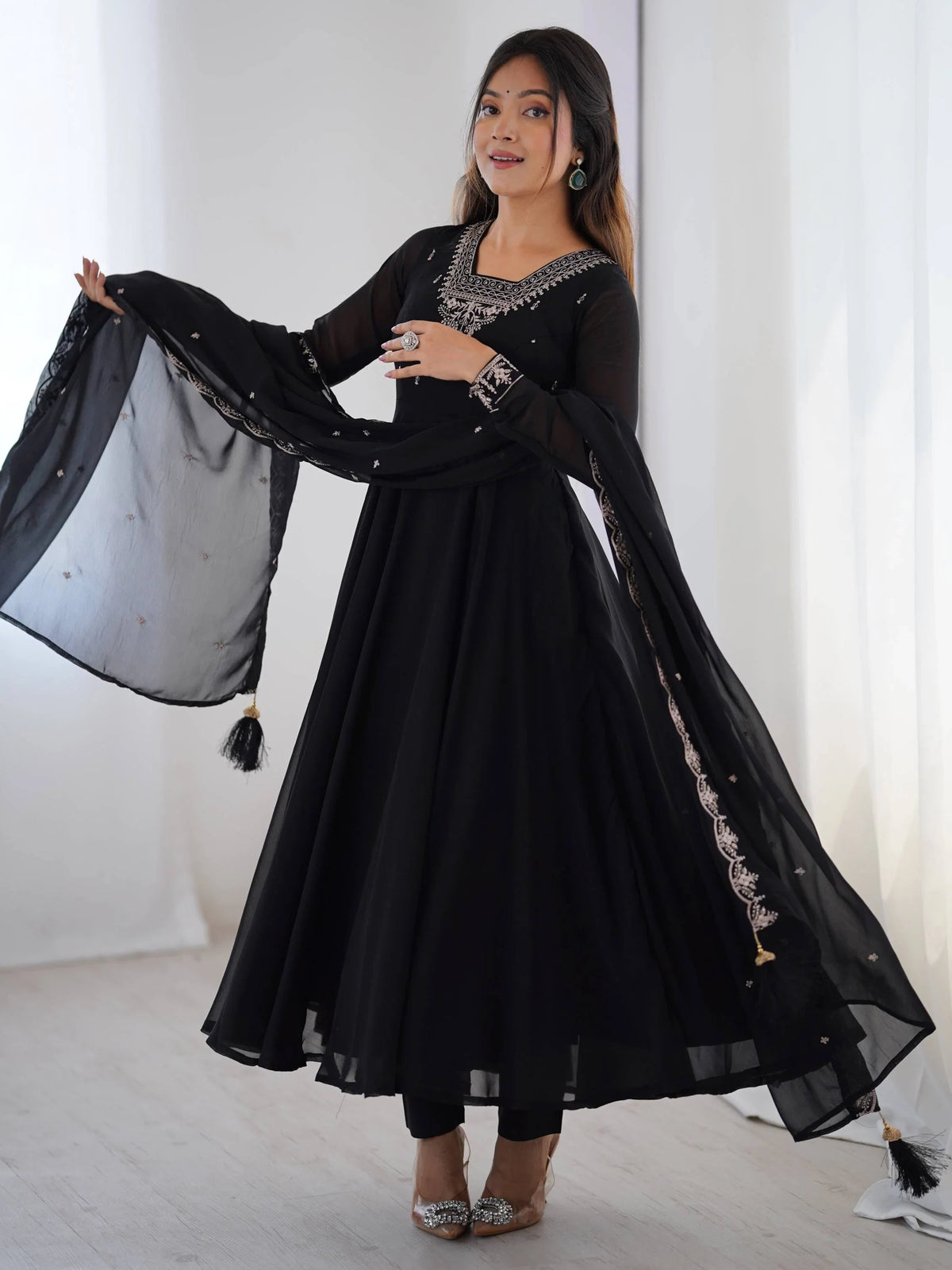 Black Beads Work Georgette Festive Wear Anarkali Suit for Women