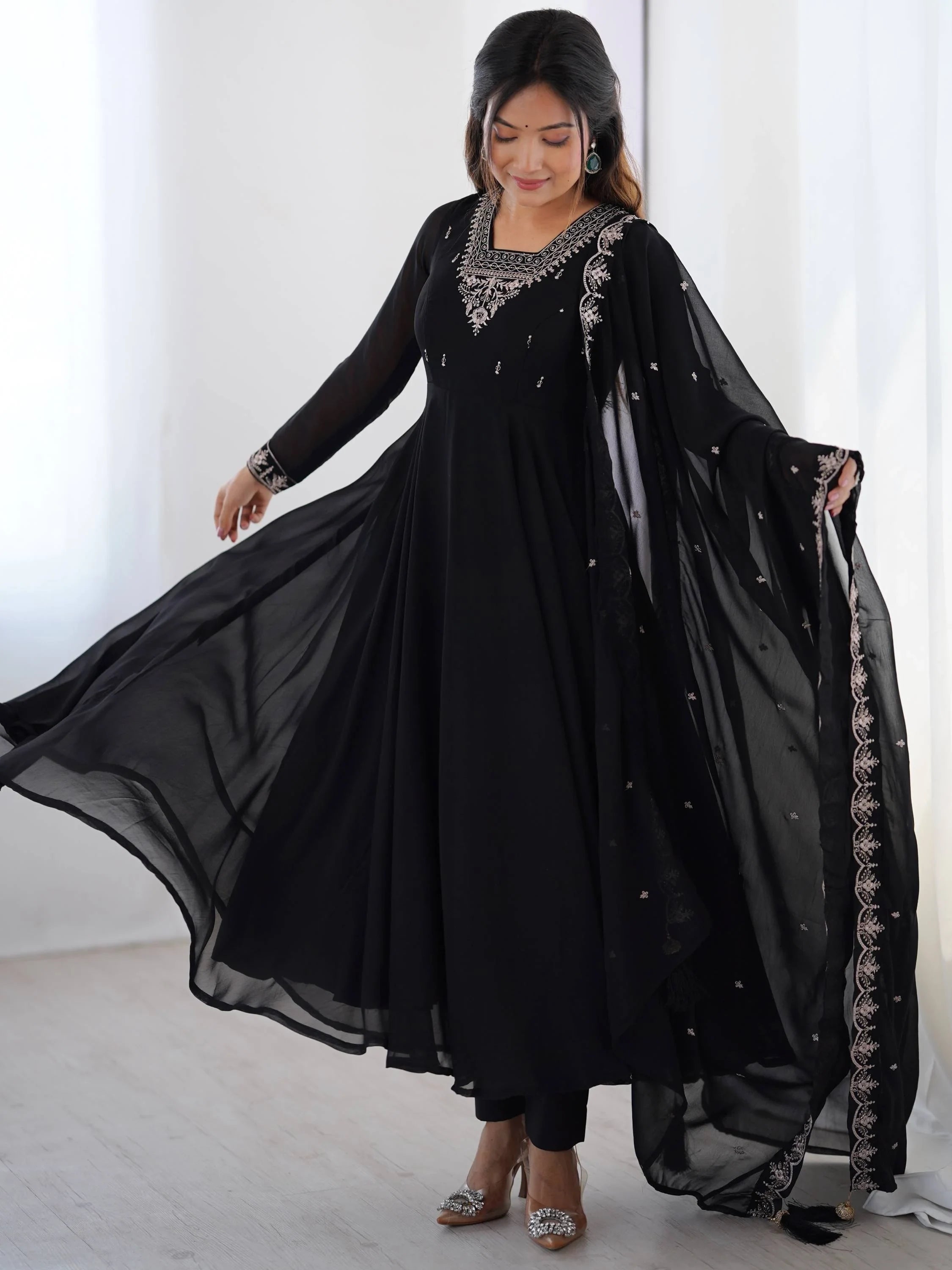 Black Beads Work Georgette Festive Wear Anarkali Suit for Women