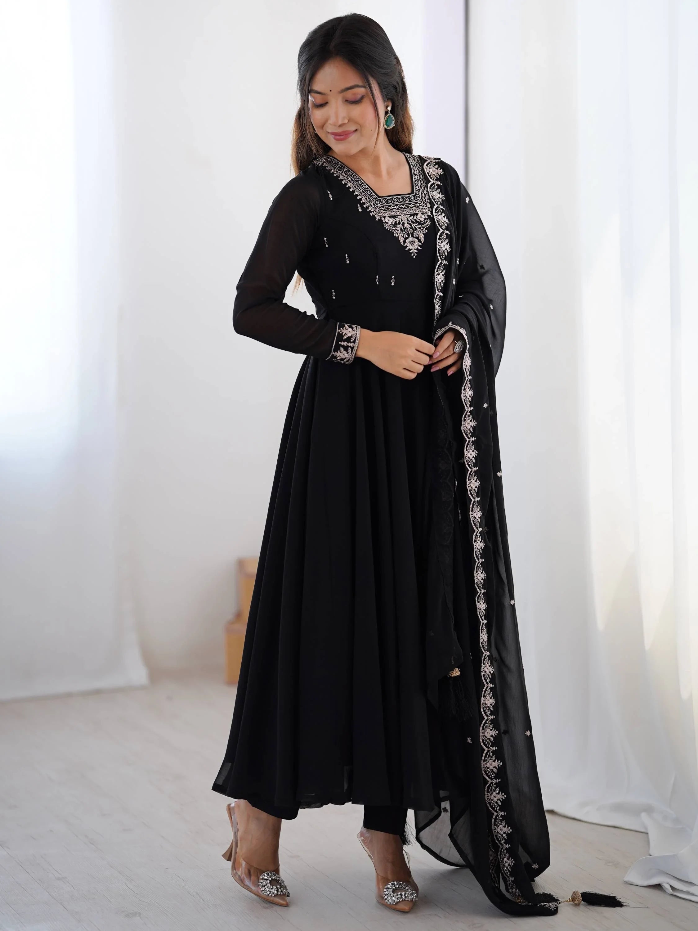 Black Beads Work Georgette Festive Wear Anarkali Suit for Women